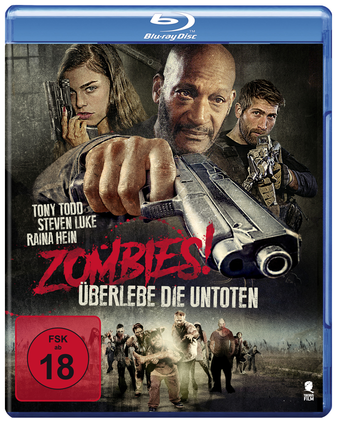 Blu-ray-Cover mit Menschen, die Waffen halten, Zombies im Hintergrund. Titel: Zombies! FSK 18-Abzeichen.
