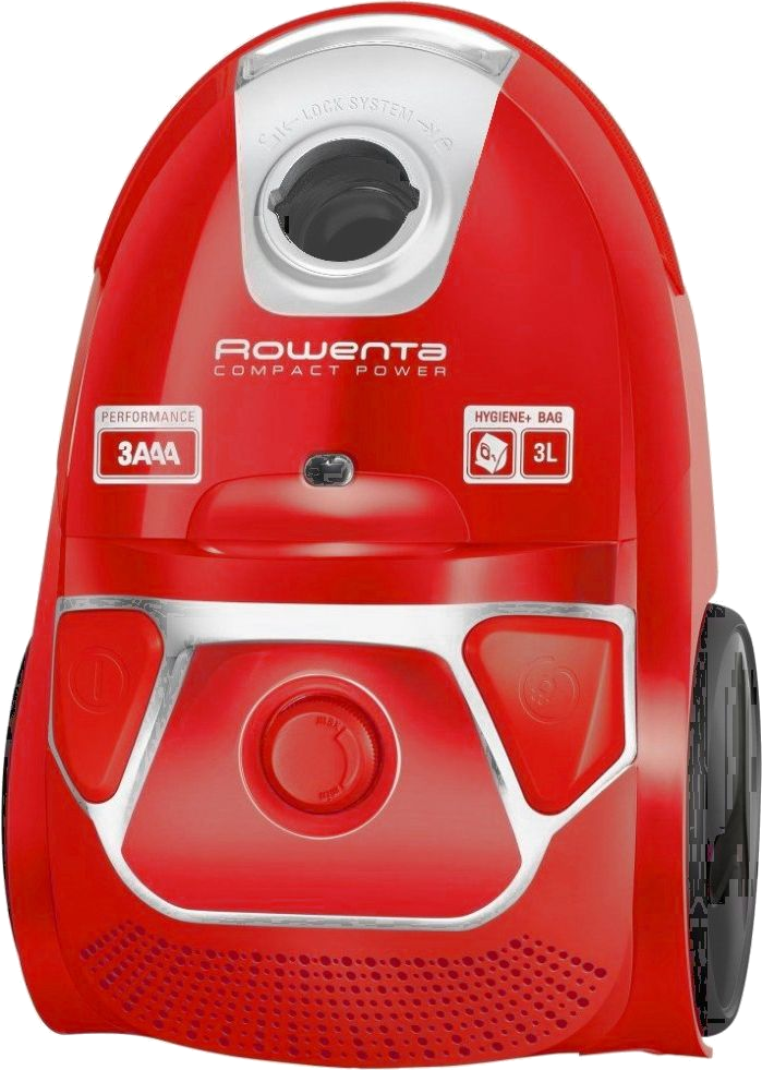 Piros Rowenta Compact Power porszívó. Piros teste és ezüstszínű díszítése van. A logó látható.