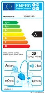 Energia címke különböző színes szakaszokkal és szöveggel, beleértve a '28 kWh/annum' és a '79dB' értékeket.