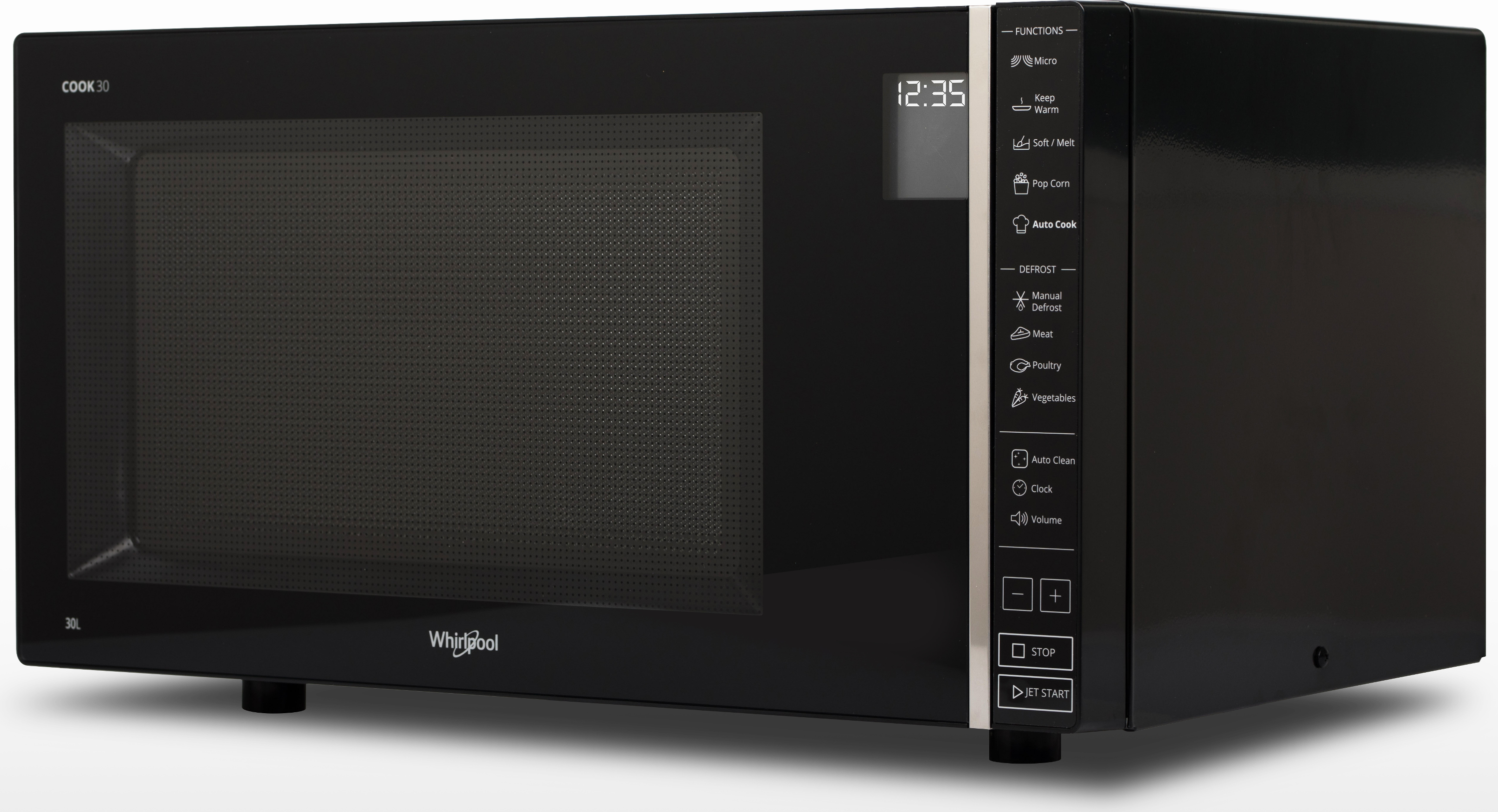 Black Whirlpool microwave. Digital display, many function buttons, and side buttons.