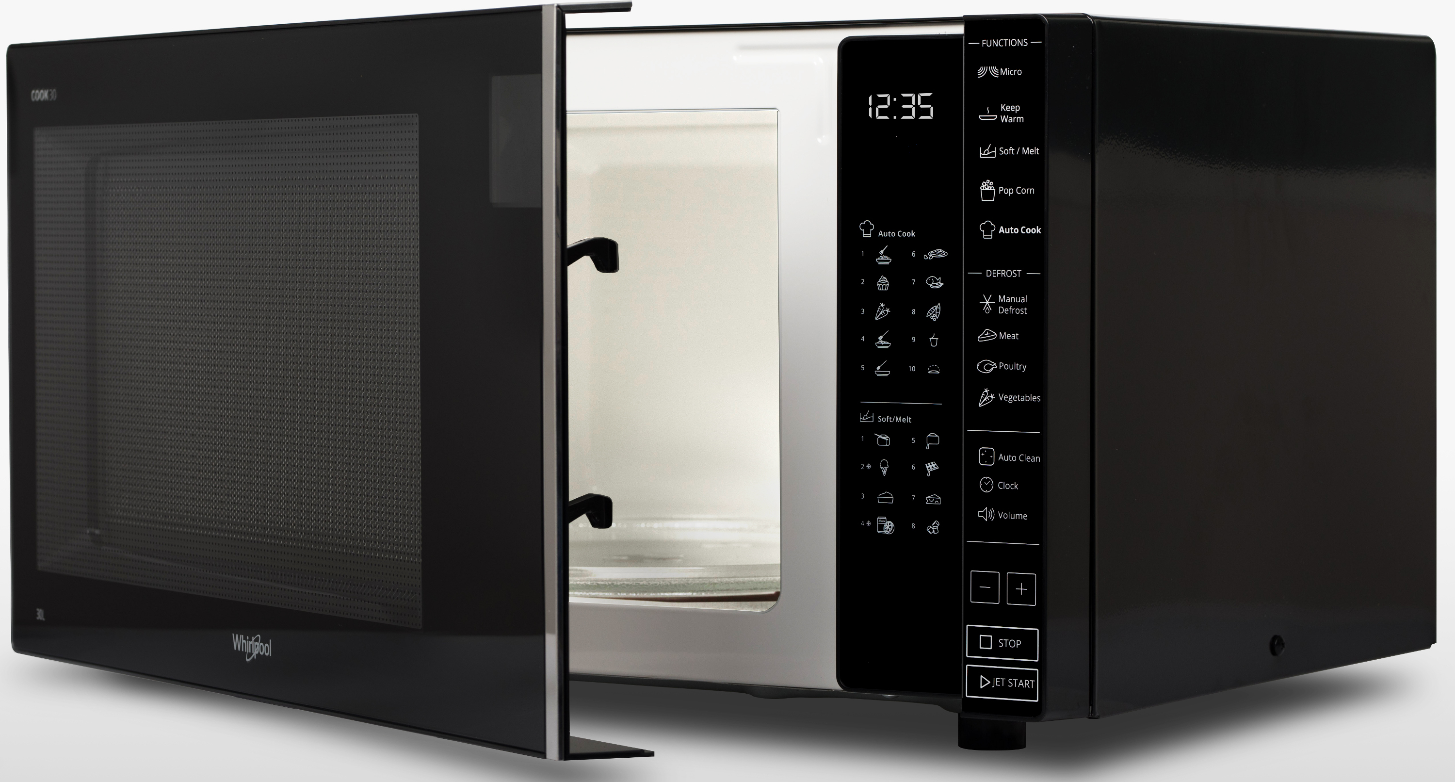 A microwave oven with the door open, showing the interior and control panel.