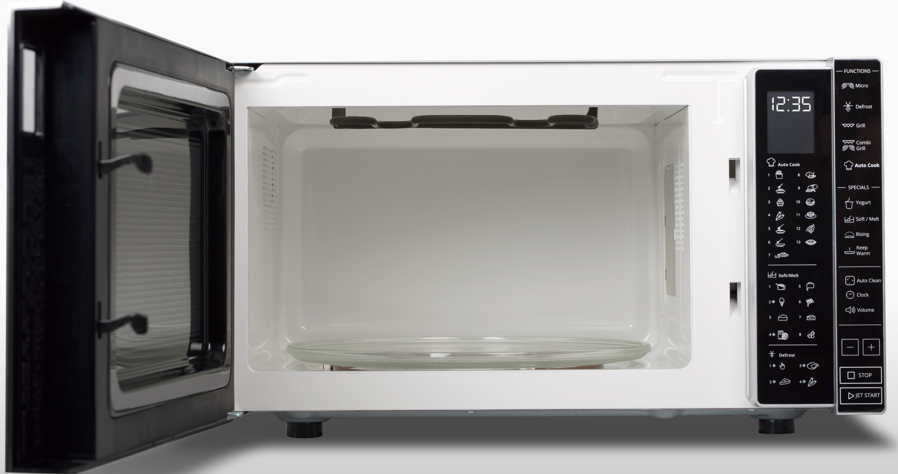 A white microwave with its door open, showing the interior, a glass plate, and control panel.