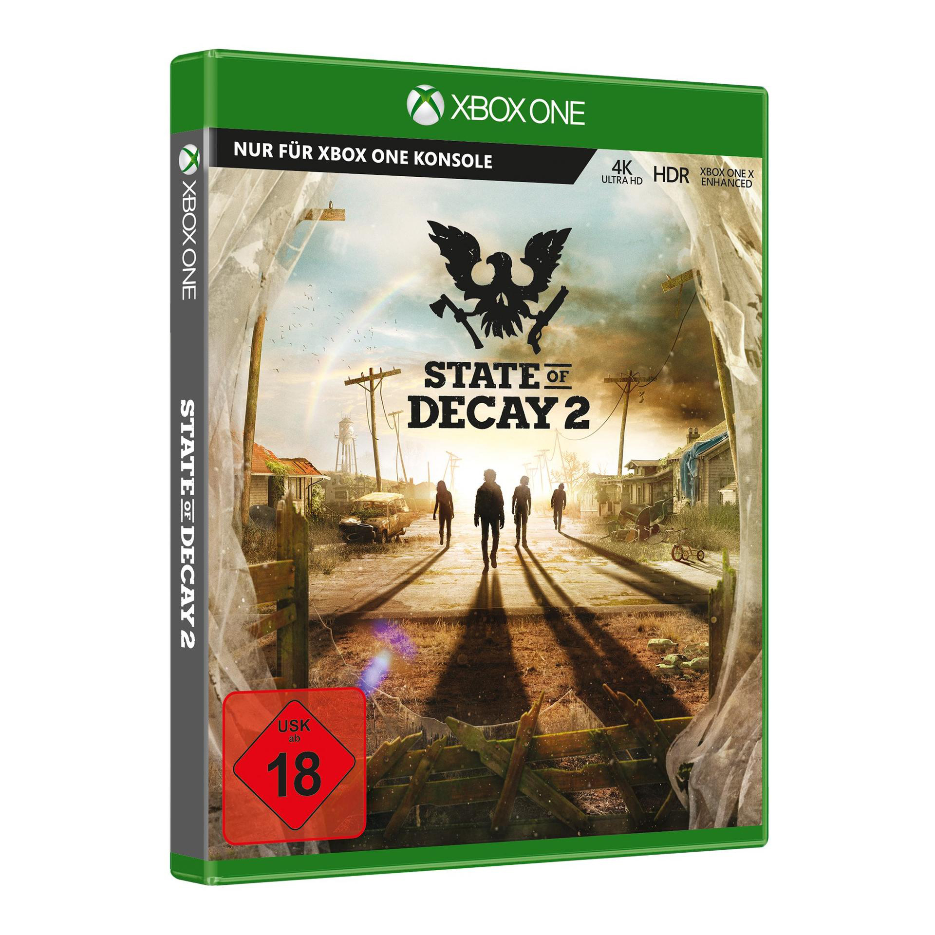 Xbox One Spielbox. 'State of Decay 2' ist enthalten. Bilder von Charakteren, die auf einer Straße gehen.