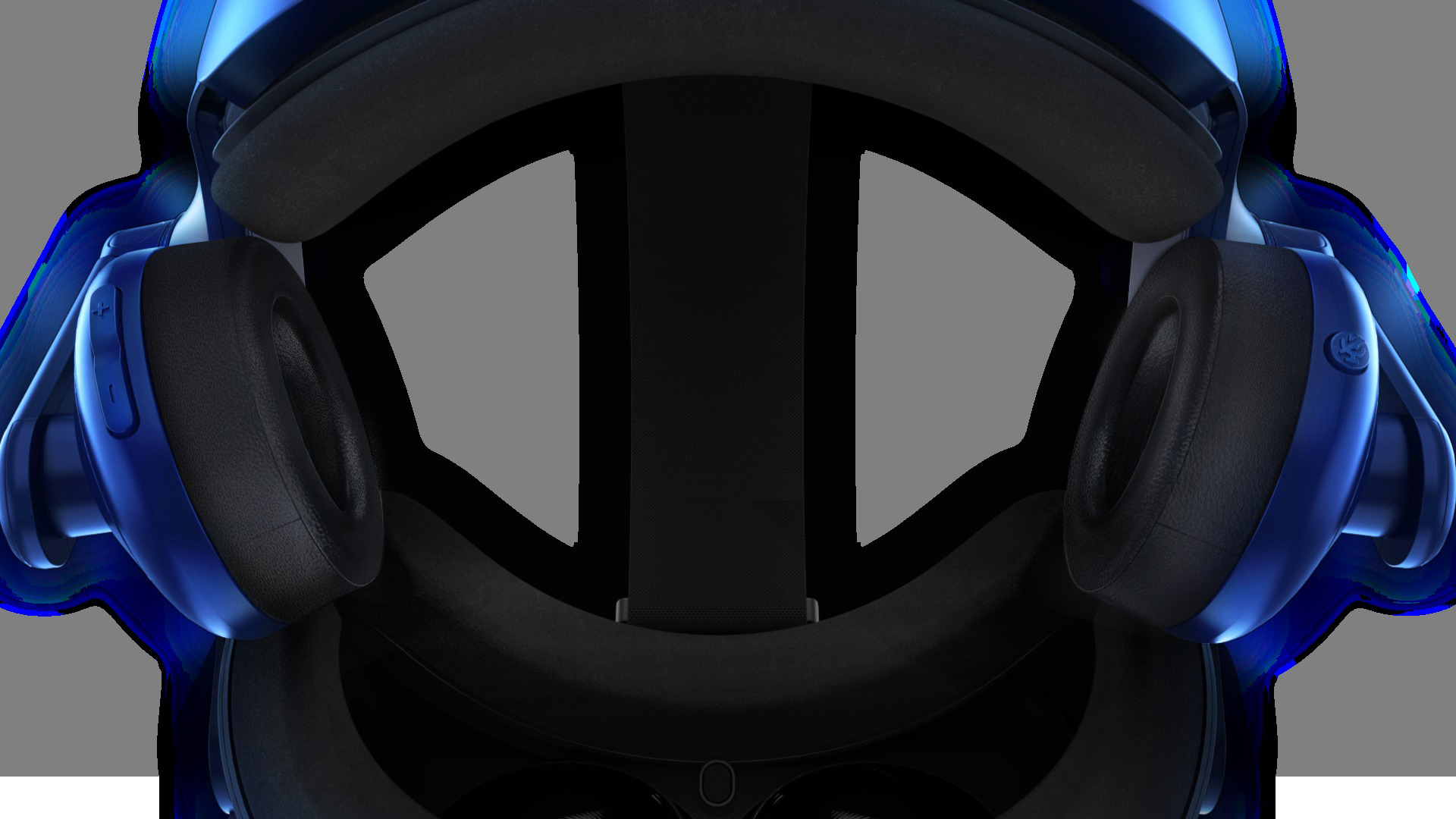 Nahaufnahme eines VR-Headsets mit blauen Akzenten an den Seiten. Schwarze Ohrmuscheln sind sichtbar.