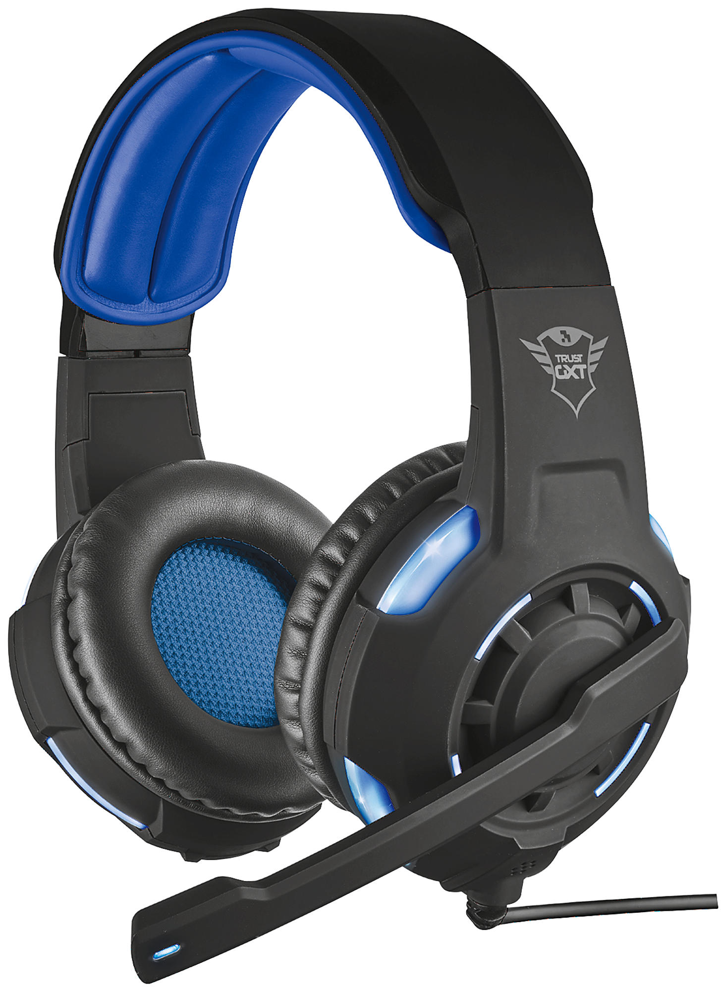 Schwarzes Gaming-Headset mit blauen Akzenten, einem Mikrofon und dem Trust GXT-Logo.