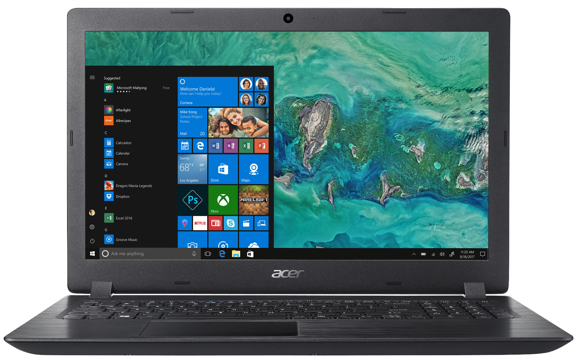Schwarzer Acer-Laptop mit Bildschirm, der einen Windows-Desktop anzeigt, geöffnet auf weißer Oberfläche.