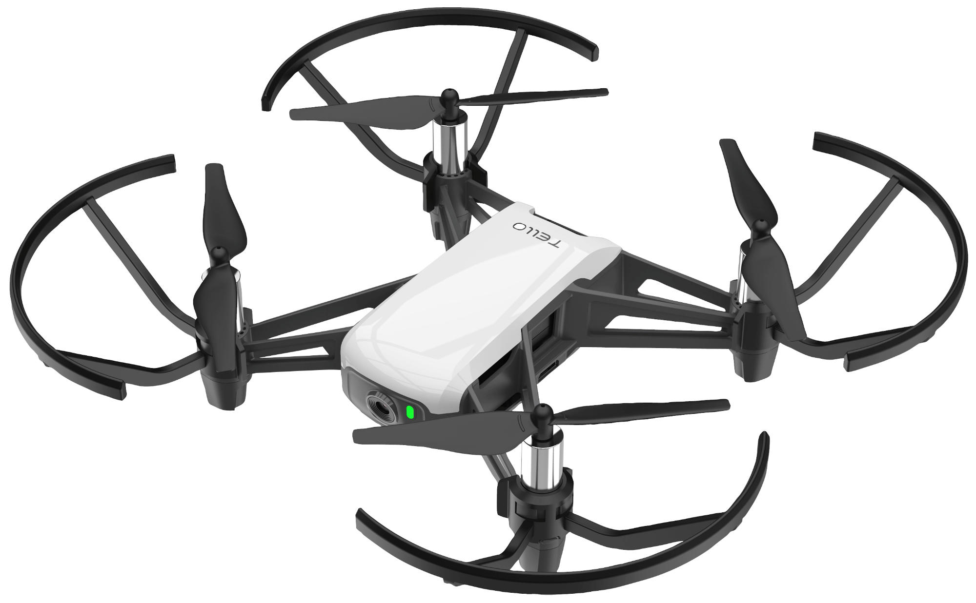 Eine weiße und schwarze Drohne mit vier Propellern, vor weißem Hintergrund.