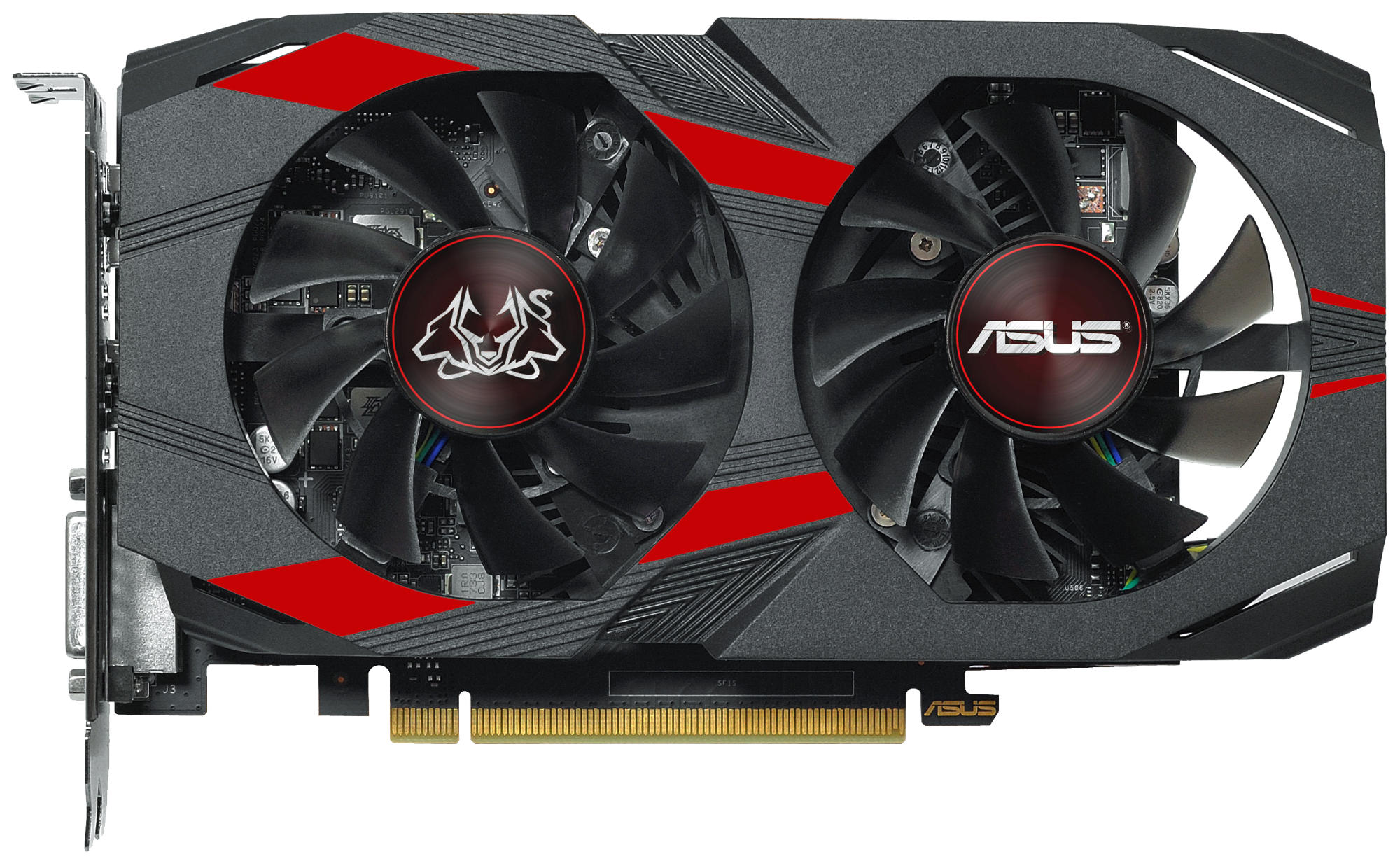 Eine schwarz-rote ASUS-Grafikkarte mit zwei Lüftern und dem ASUS-Logo.