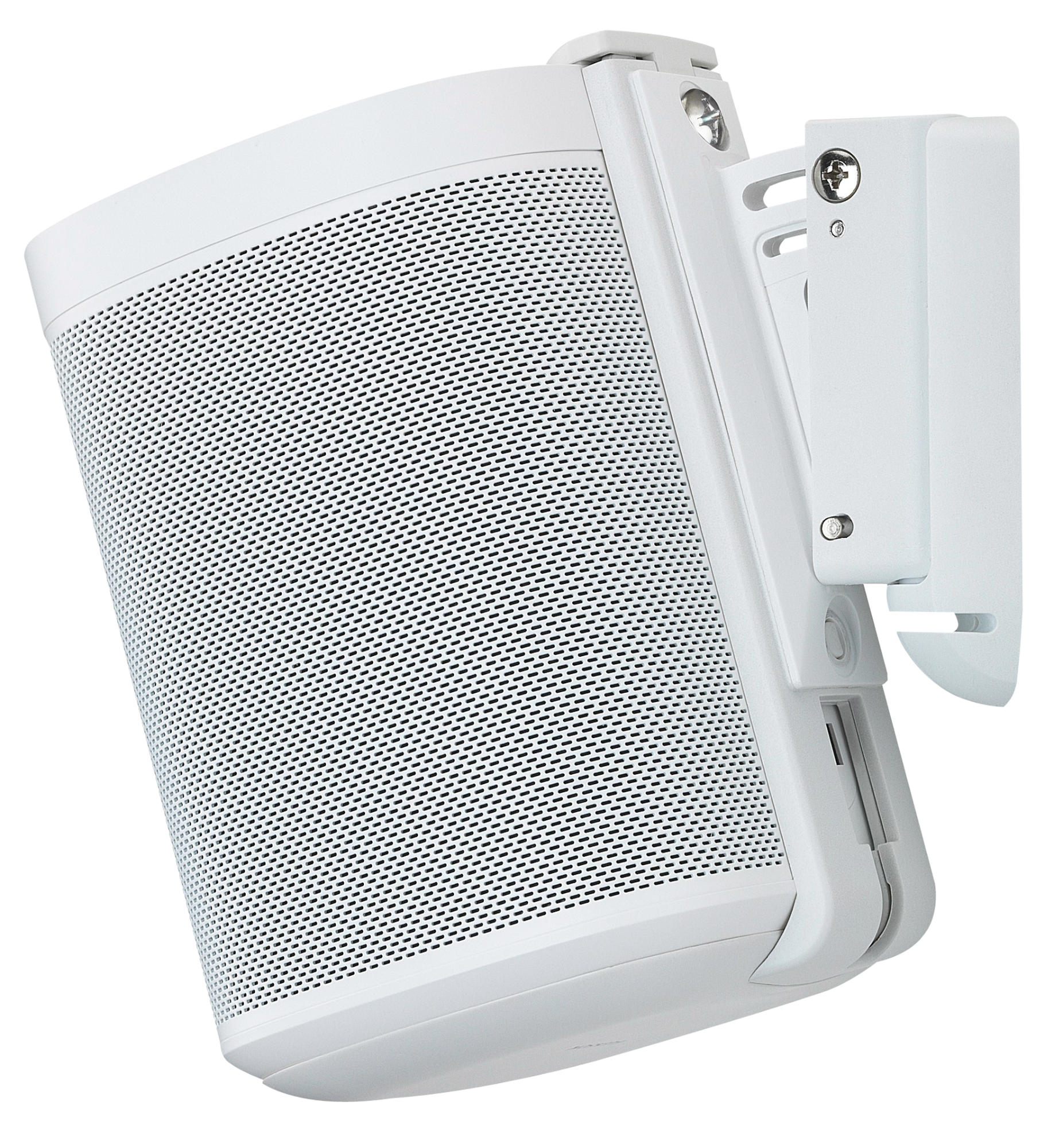 Weißer Lautsprecher an einer Wand montiert. Er hat ein Gitter und eine Halterung.