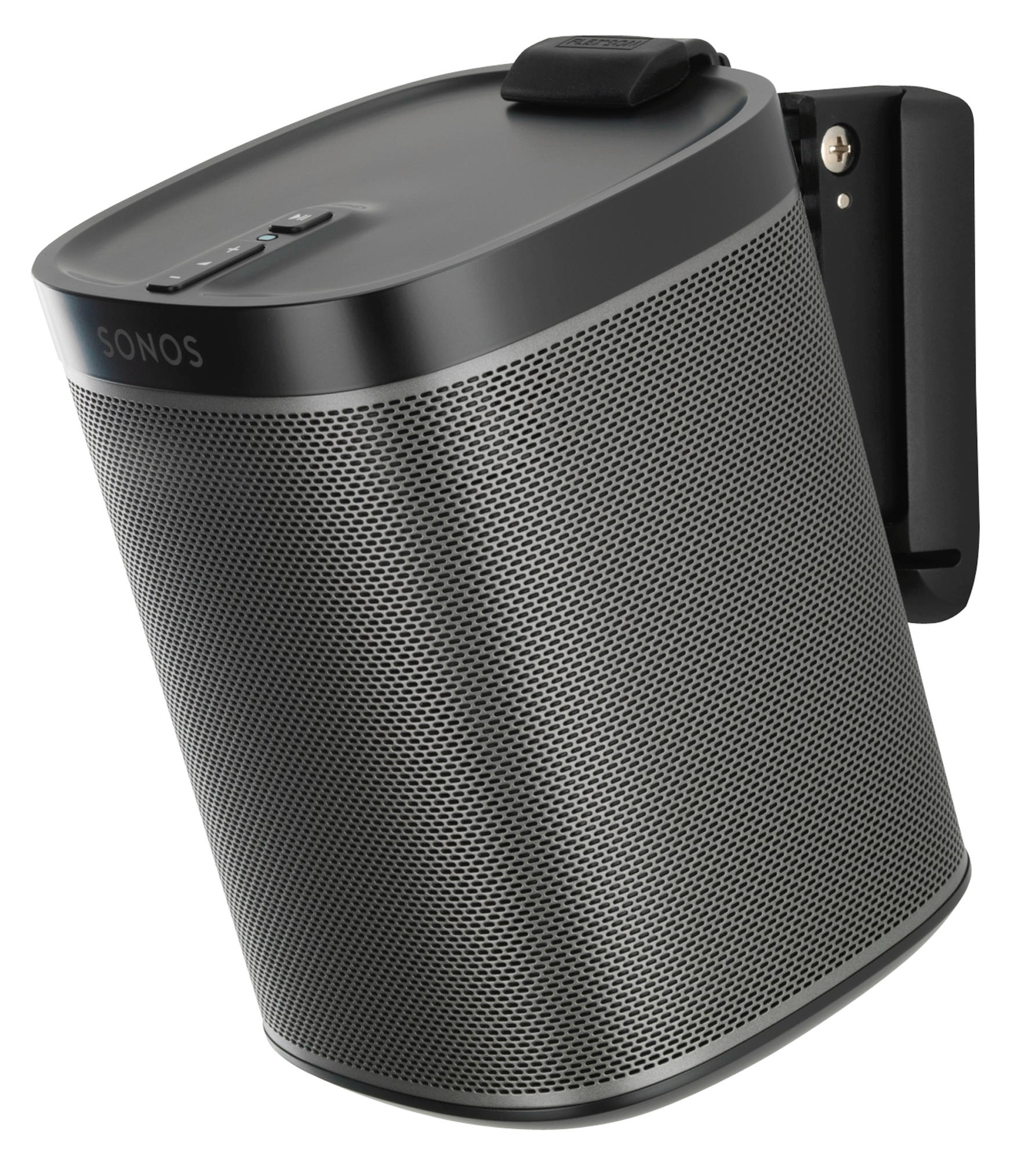 Ein an der Wand montierter Sonos-Lautsprecher, abgewinkelt mit einer Front aus Mesh.