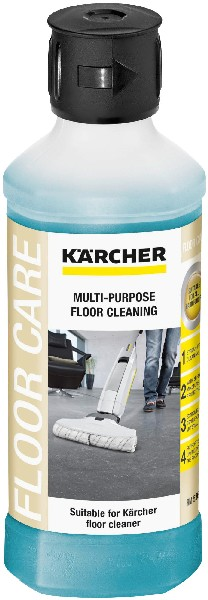 Fles Kärcher multifunctionele vloerreinigingsoplossing. De fles is blauw en wit.