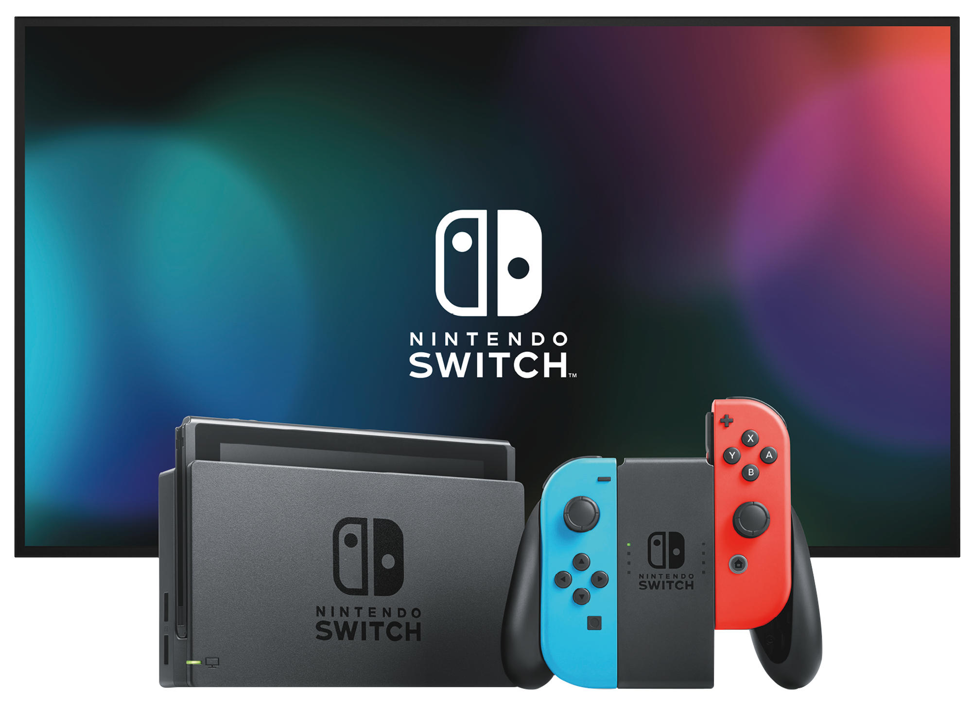 Console Nintendo Switch avec dock, joy-cons et une télévision affichant un arrière-plan coloré.