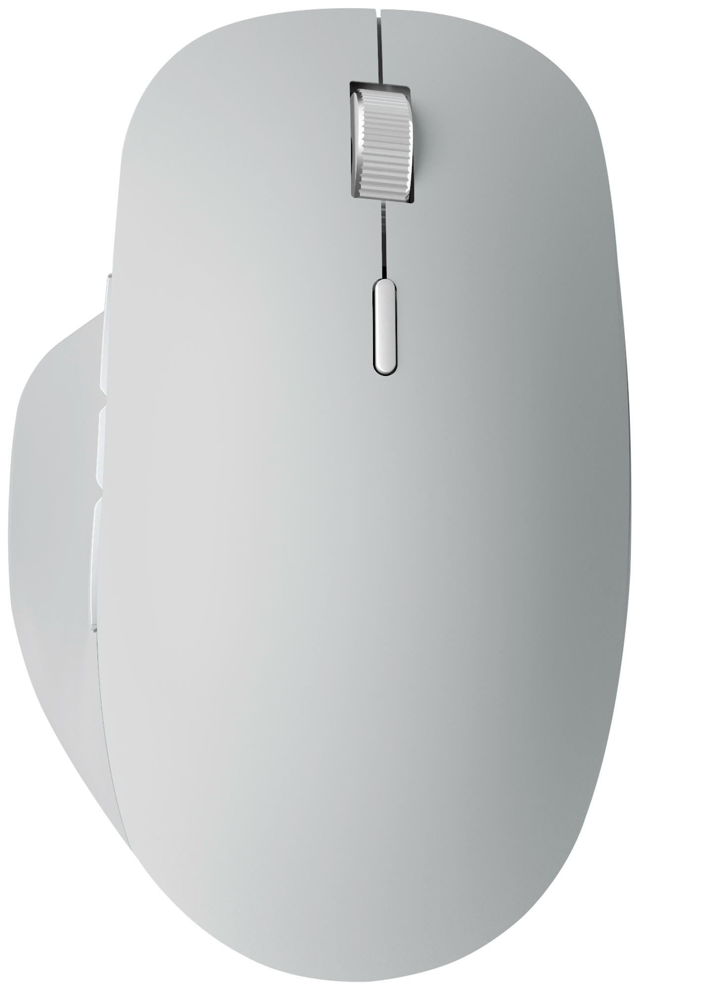 A light gray wireless mouse with a scroll wheel, buttons, and a smooth, ergonomic design.