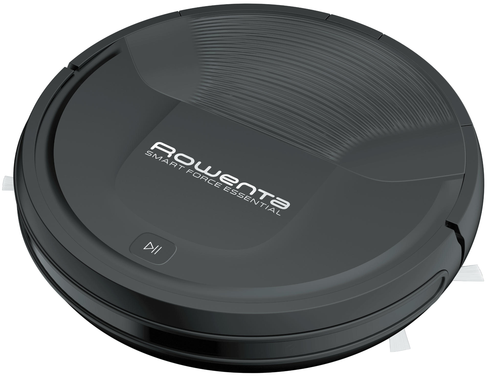 Schwarzer Rowenta Roboter-Staubsauger. Kreisförmige Form mit Knopf und Markenname oben.