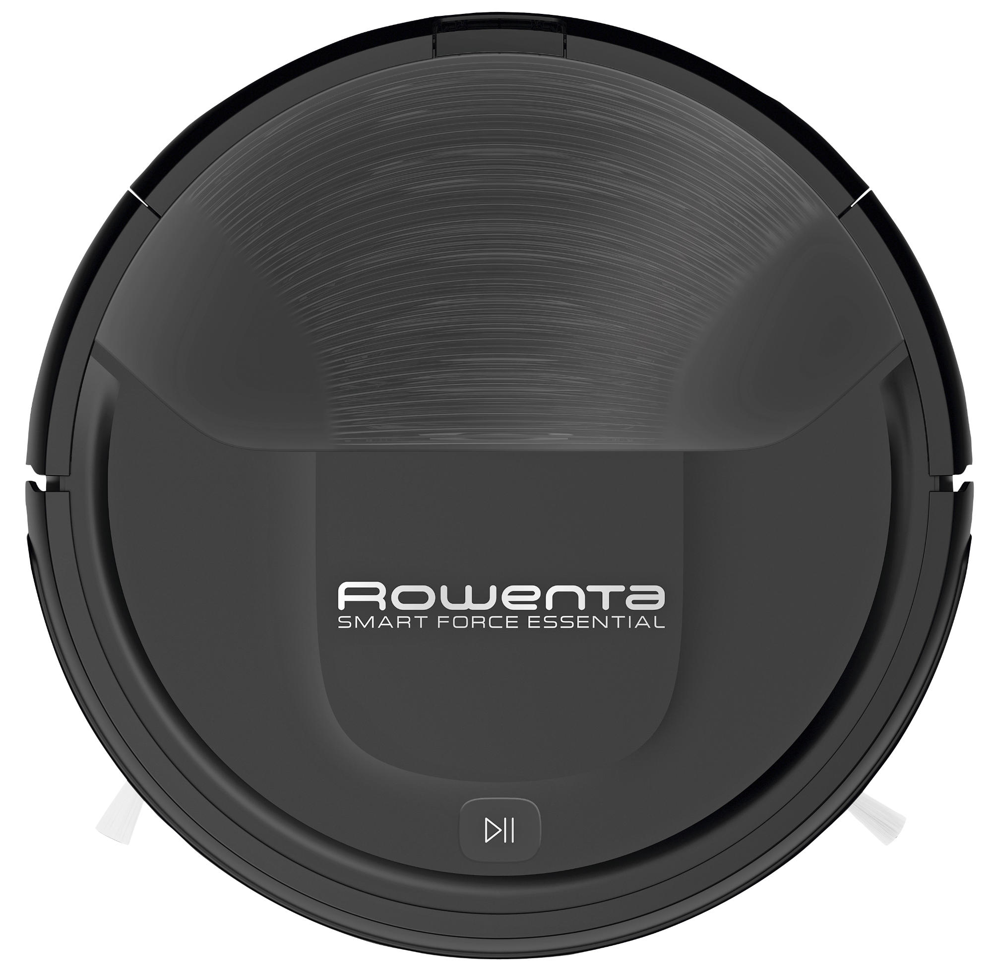 Schwarzer runder Roboter-Staubsauger mit dem 'Rowenta'-Logo, weißer Hintergrund.