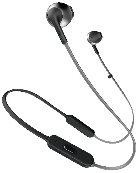 Auriculares inalámbricos JBL negros y grises con cable de conexión y fondo blanco.