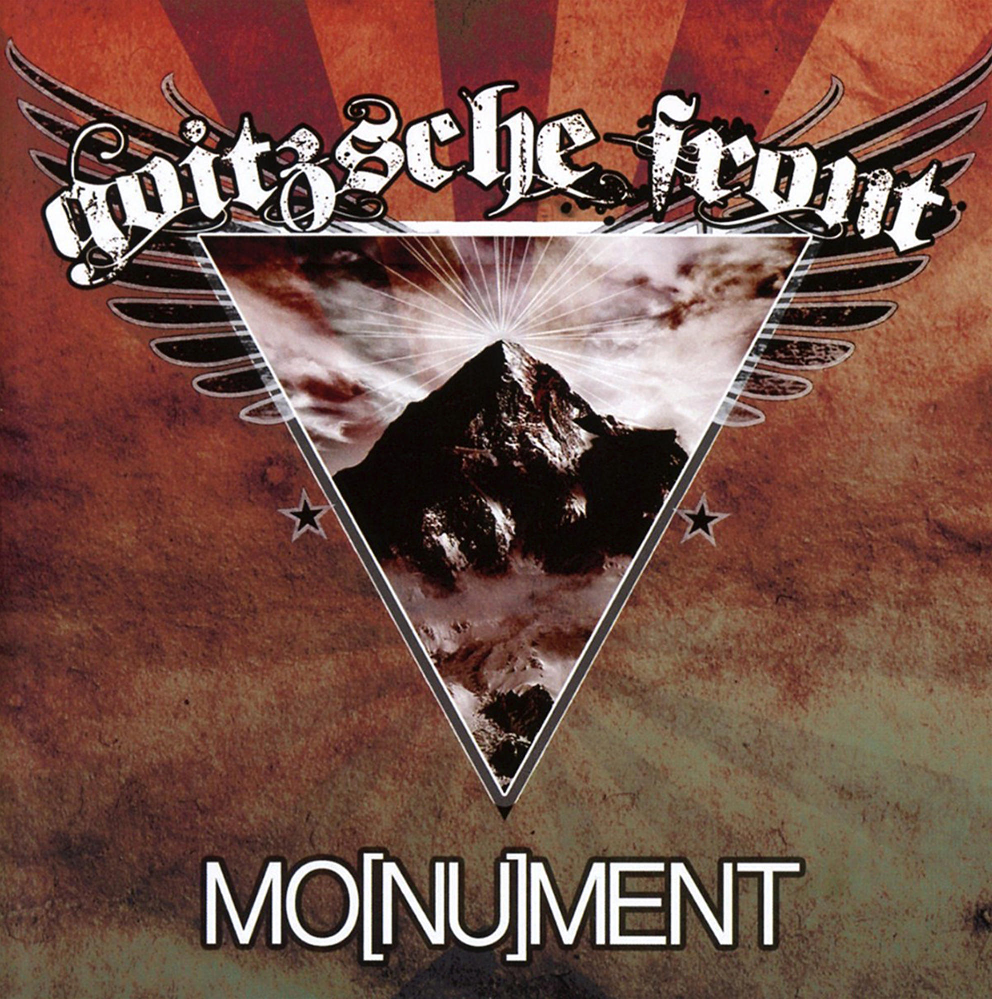 Albumcover mit Berg im Dreieck, Flügeln drumherum und Text 'Monument'.