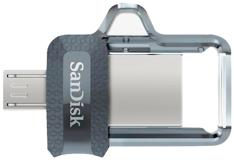 Ein silberner und grauer SanDisk USB-Stick mit doppelseitigem Design.