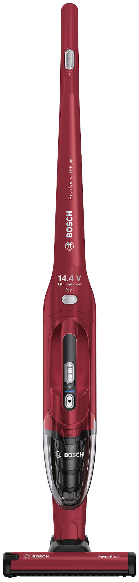 Ein roter kabelloser Bosch-Staubsauger. Er hat einen langen Körper und einen Bürstenkopf. Das Modell ist das 2in1 Readyy'y.