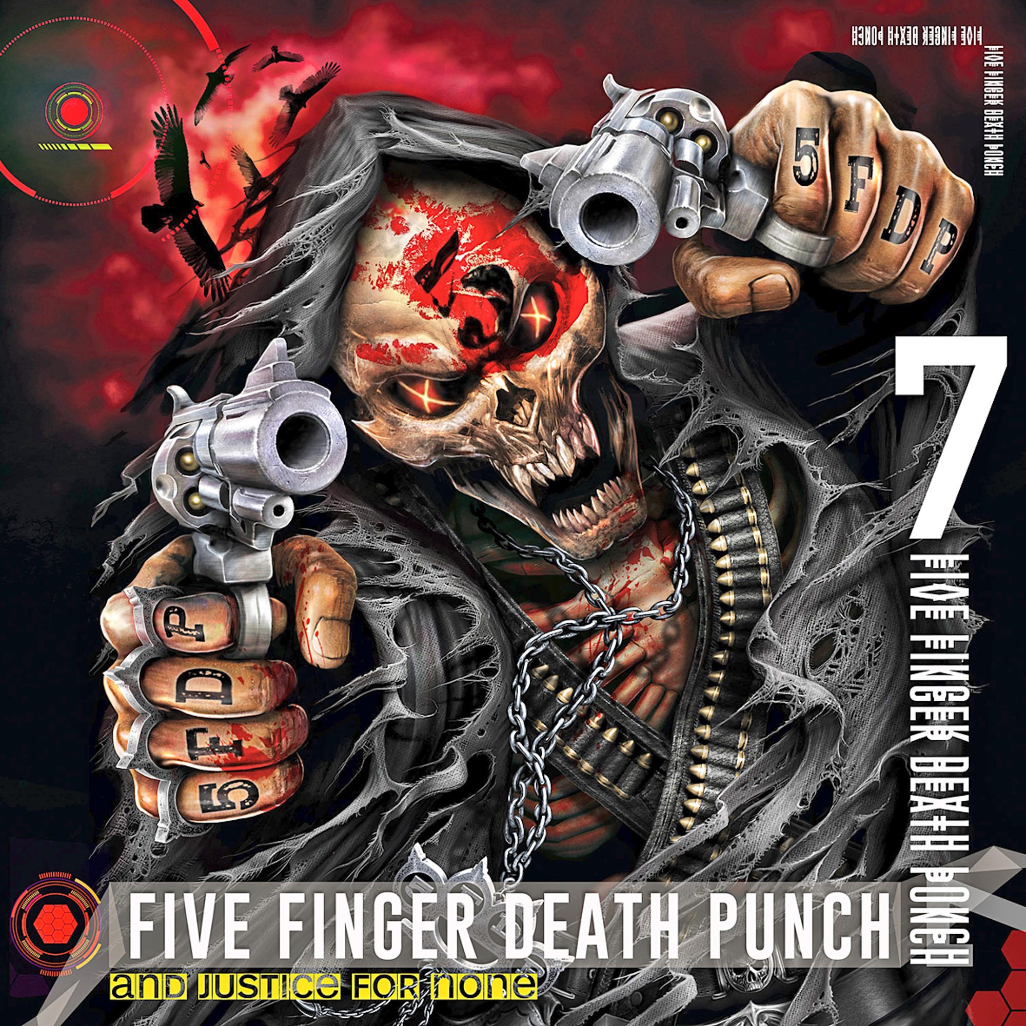Albumcover von Five Finger Death Punch. Schädel mit Pistolen, umgeben von Kugeln und Vögeln. Fetter Text.