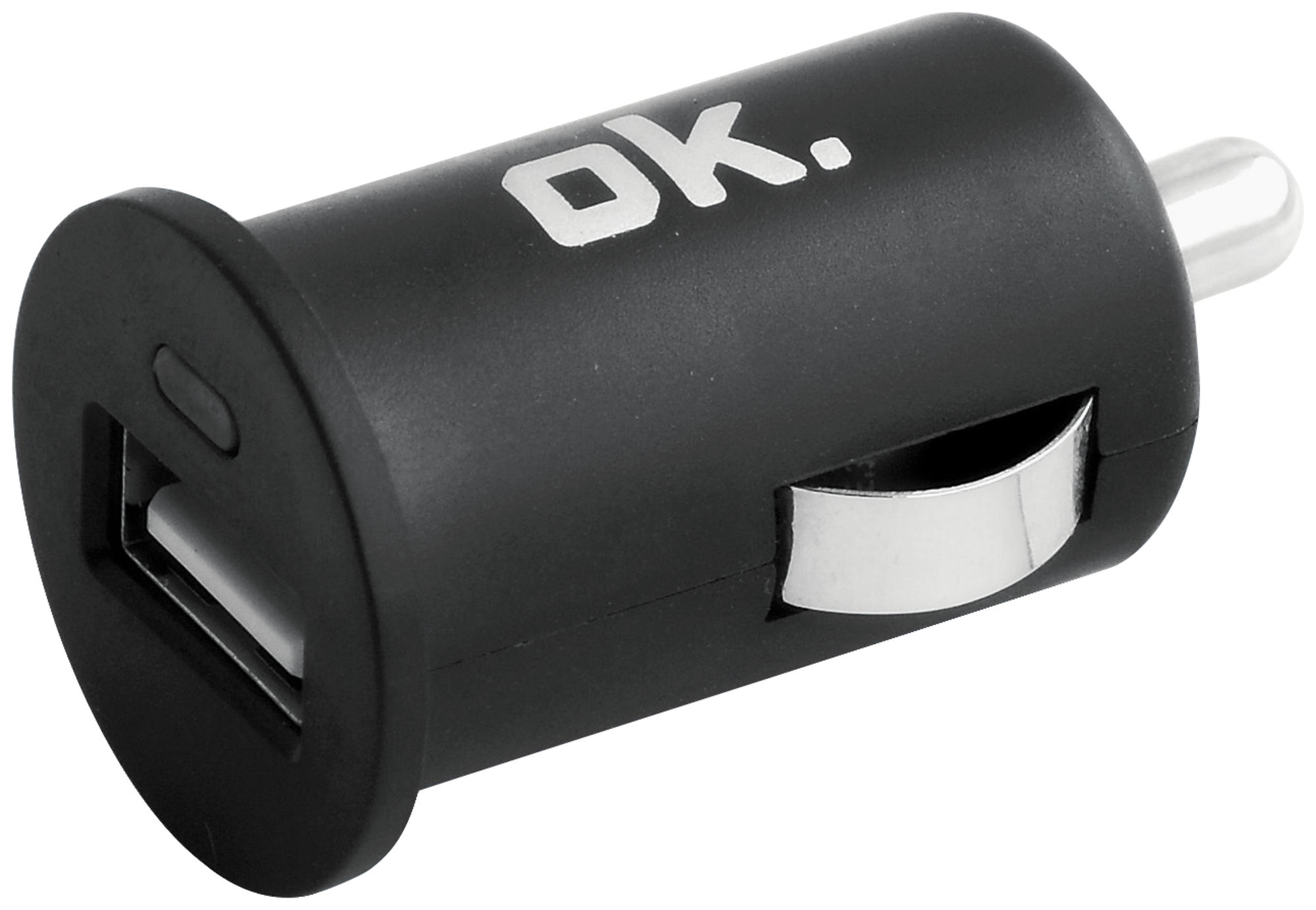 Een zwarte USB-autolader met het 'ok.' logo en een zilveren oplaadpoortafdekking.