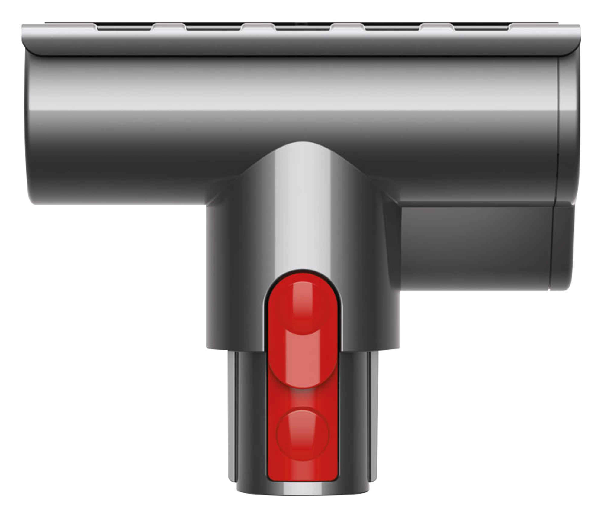 Dyson Staubsaugeraufsatz, silberfarben mit rotem Knopf oben.