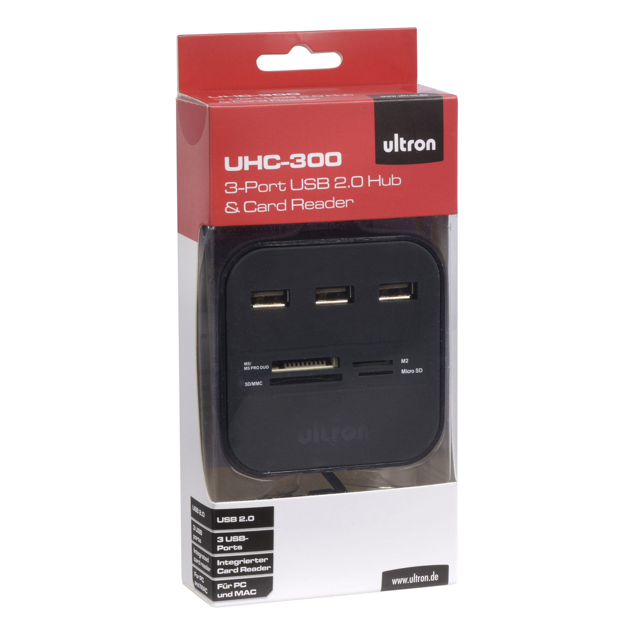ULTRON UHC-300 , 3-Port USB 2.0 Hub & Card Reader, Schwarz