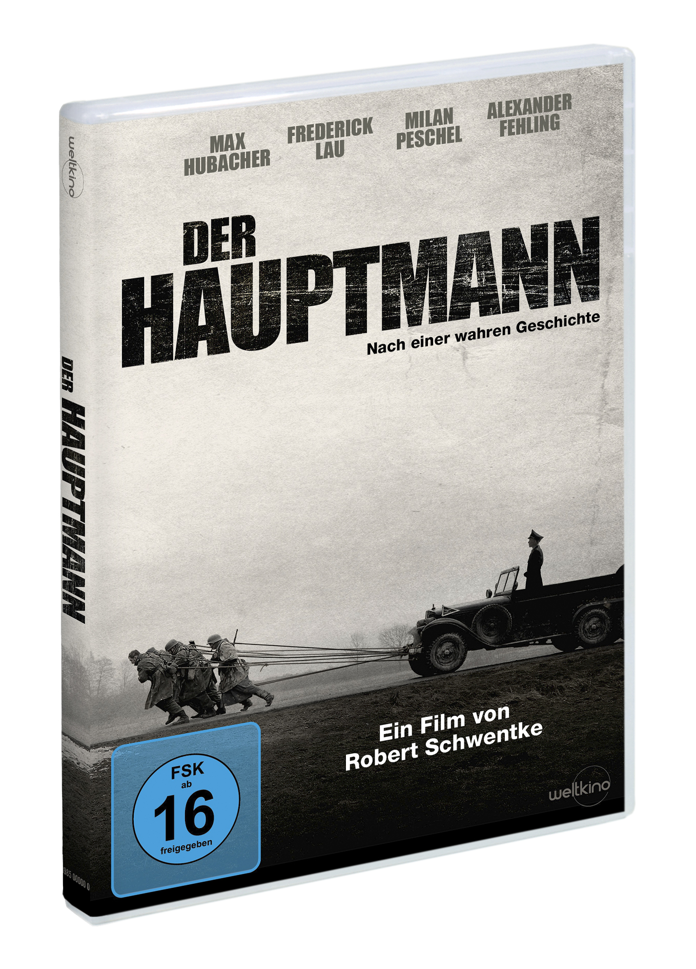DVD-Cover für 'Der Hauptmann'. Schwarz-Weiß-Foto von Soldaten, die ein Fahrzeug ziehen.
