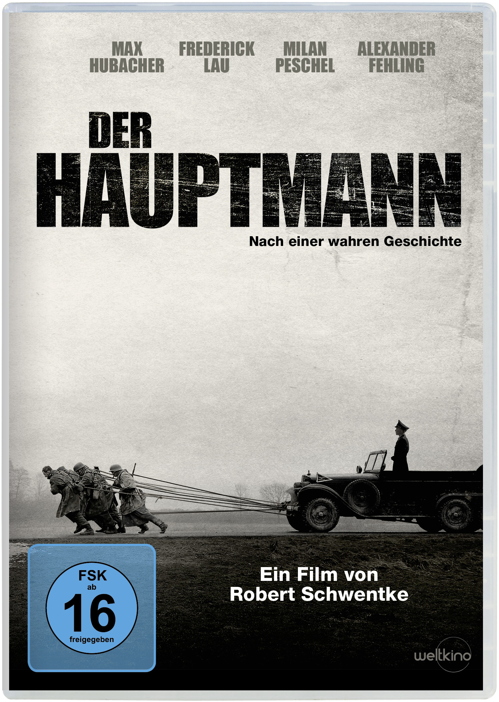 DVD-Cover für 'Der Hauptmann'. Schwarz-Weiß-Foto von Soldaten, die ein Fahrzeug ziehen.
