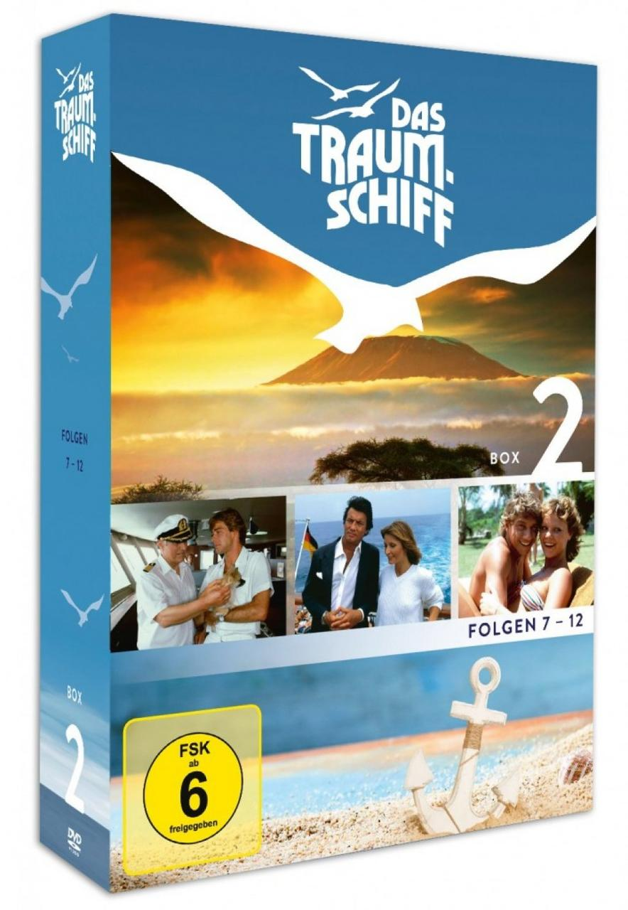 DVD-Box-Set von Das Traumschiff mit Bildern eines Schiffs, eines Sonnenuntergangs und Schauspielern.