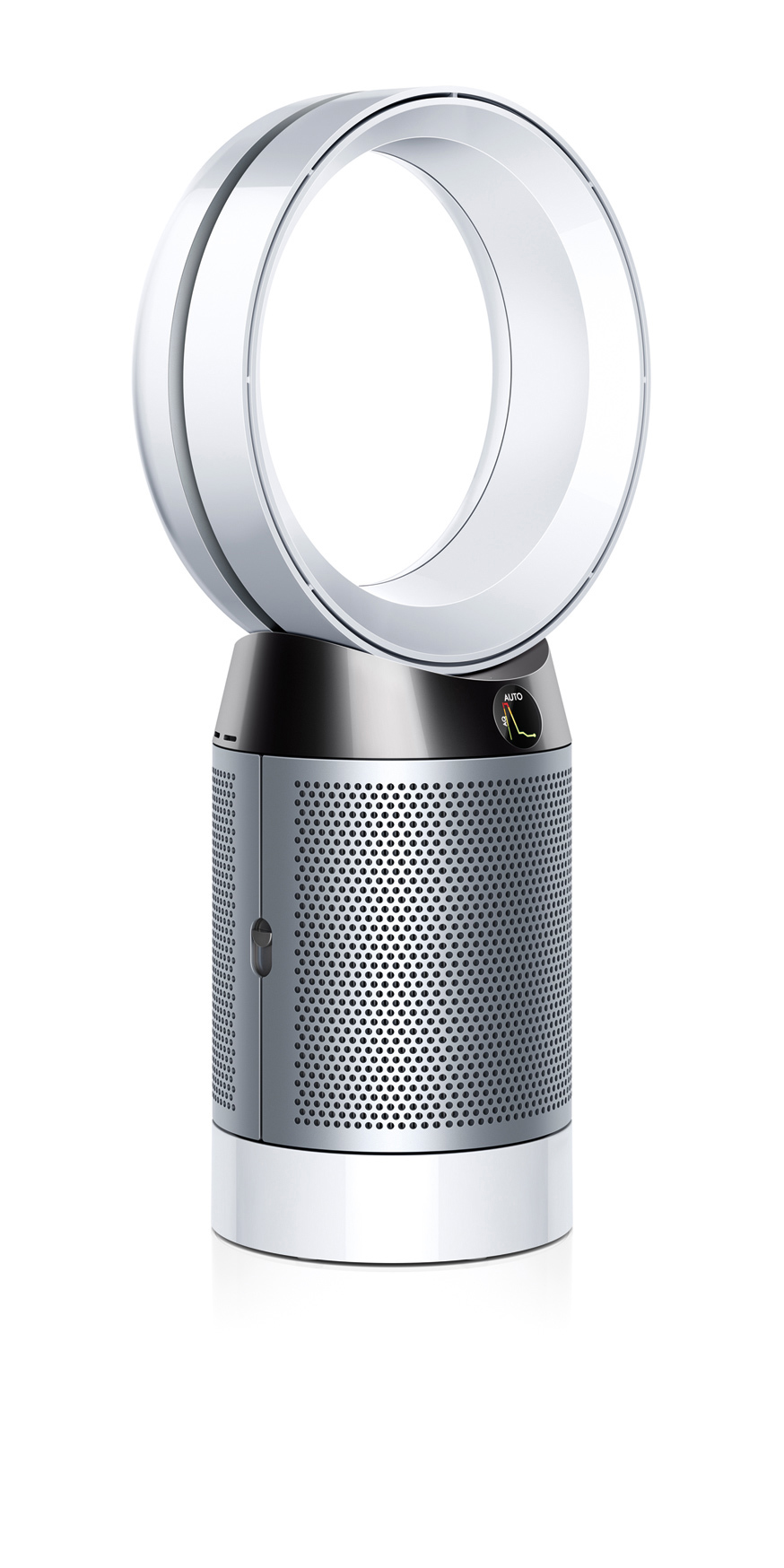Ein weiß-silberner Dyson-Ventilator mit rundem Kopf und zylindrischem Sockel.