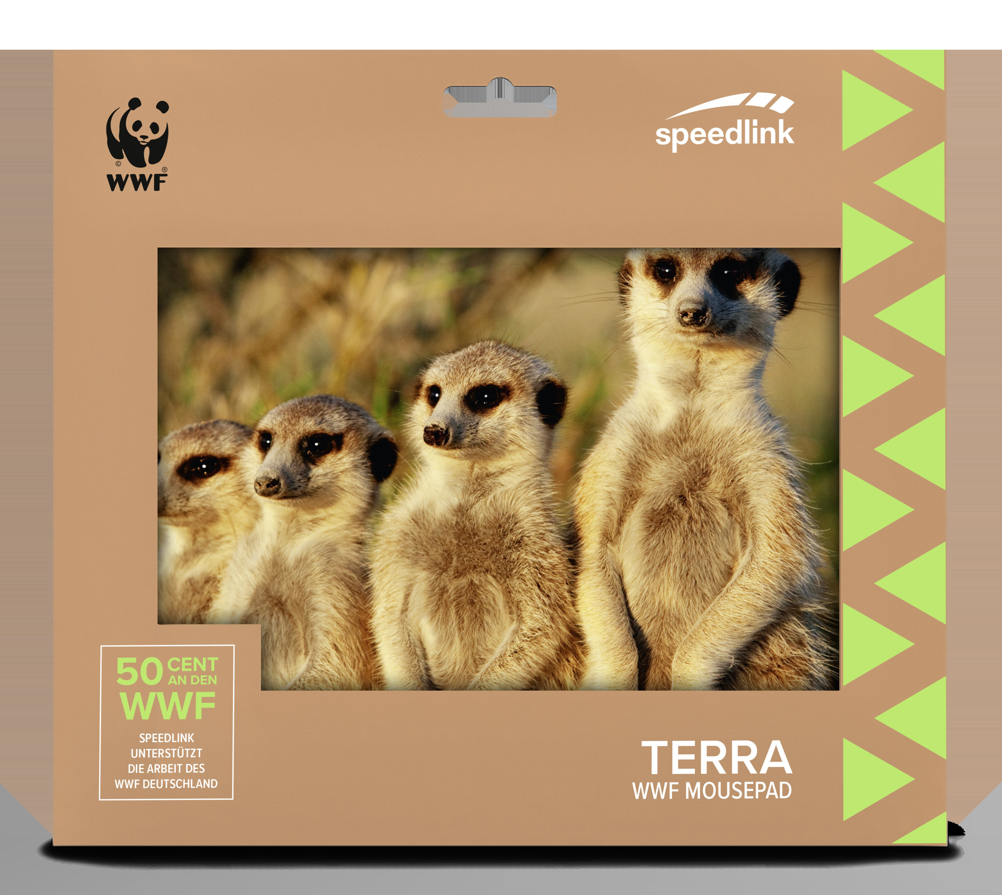 Erdmännchen-Familie auf einem Mauspads. Das Mousepad ist braun und hat ein Logo.