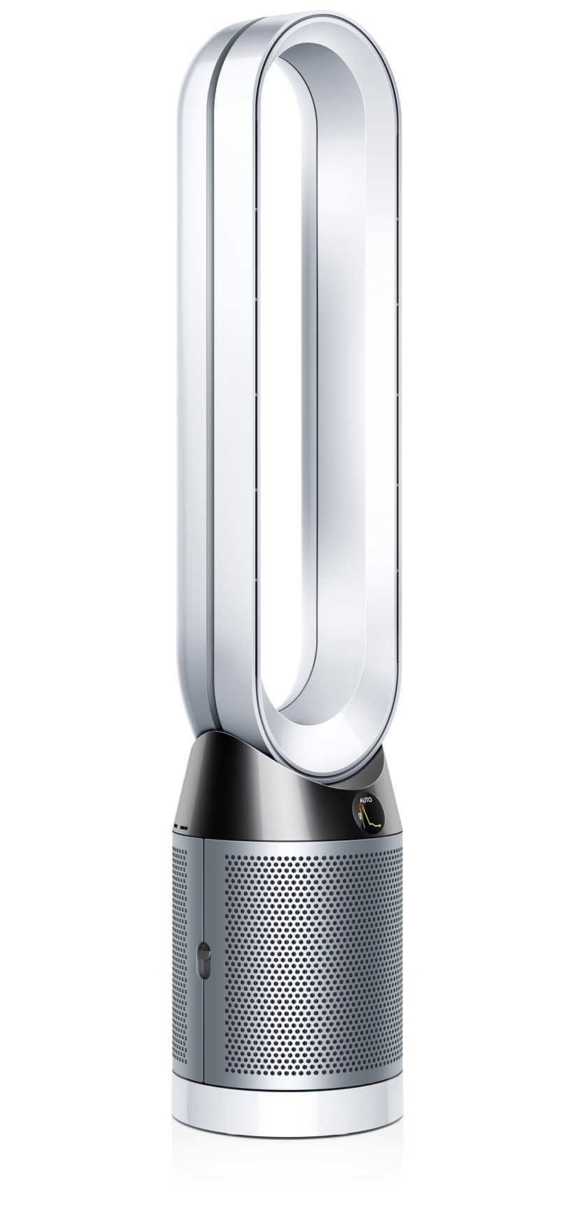 Een witte en zilveren Dyson-ventilator. Hij heeft een ovale opening.