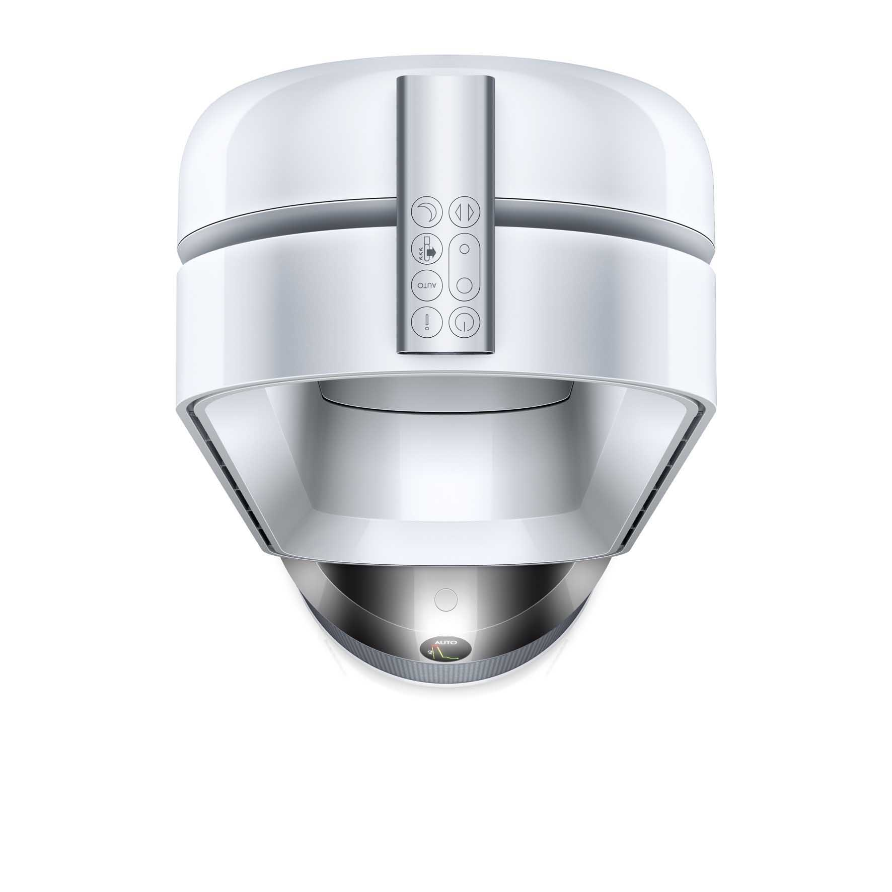 Witte en zilveren luchtreiniger met bedieningsknoppen. Bovenaanzicht, geïsoleerd.