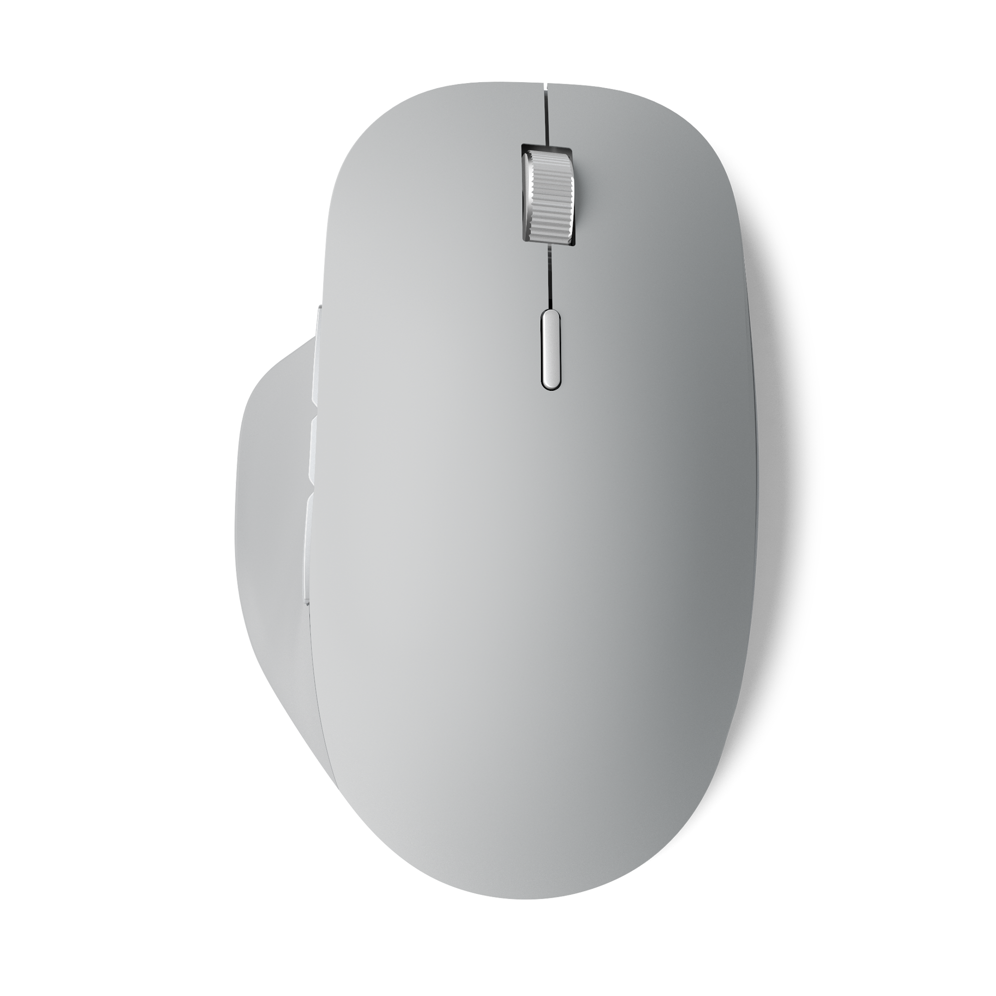 A light grey computer mouse. It has a scroll wheel and two buttons. Black background.