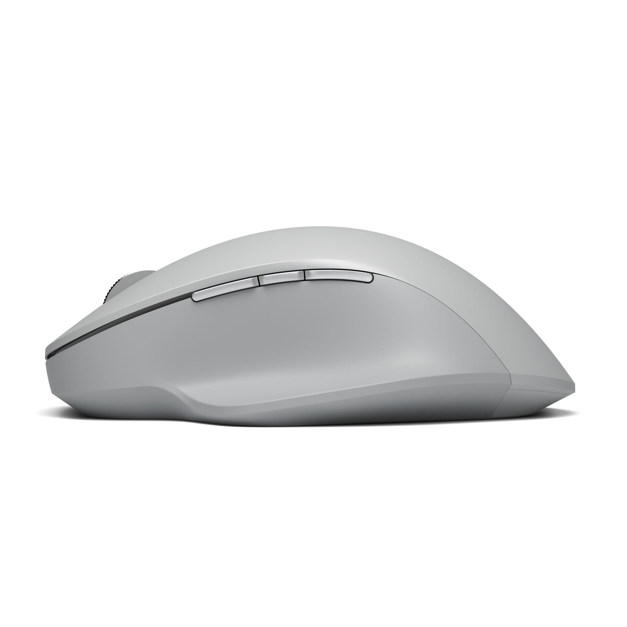 Light gray computer mouse with three buttons, seen from the side against a black background.