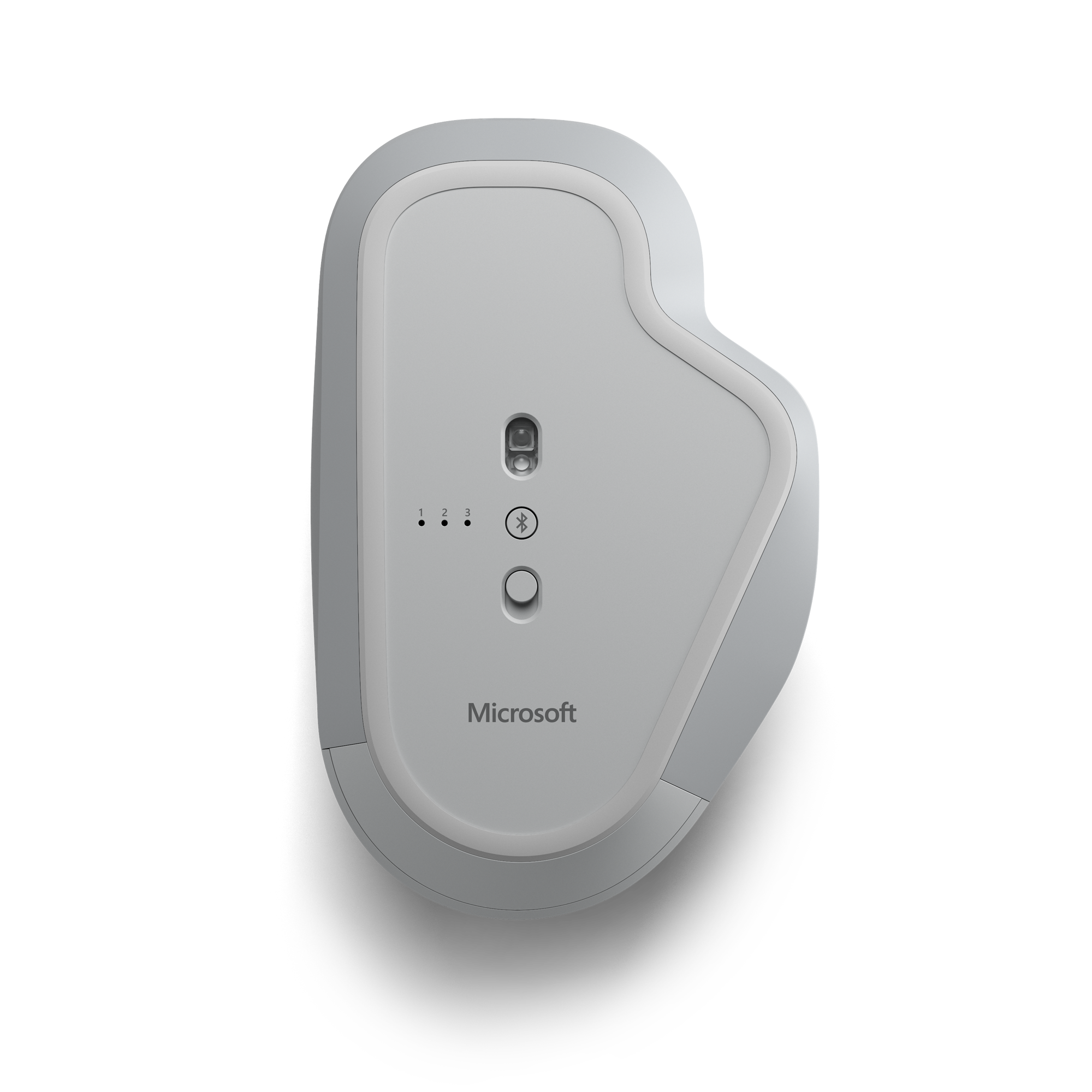 A white and gray Microsoft mouse viewed from the bottom, featuring a button and logo.