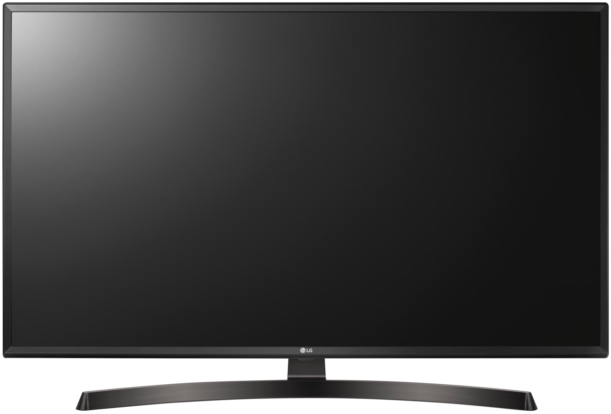Un televisor LG grande, negro, con una base curvada. La pantalla está oscura, sin mostrar contenido.