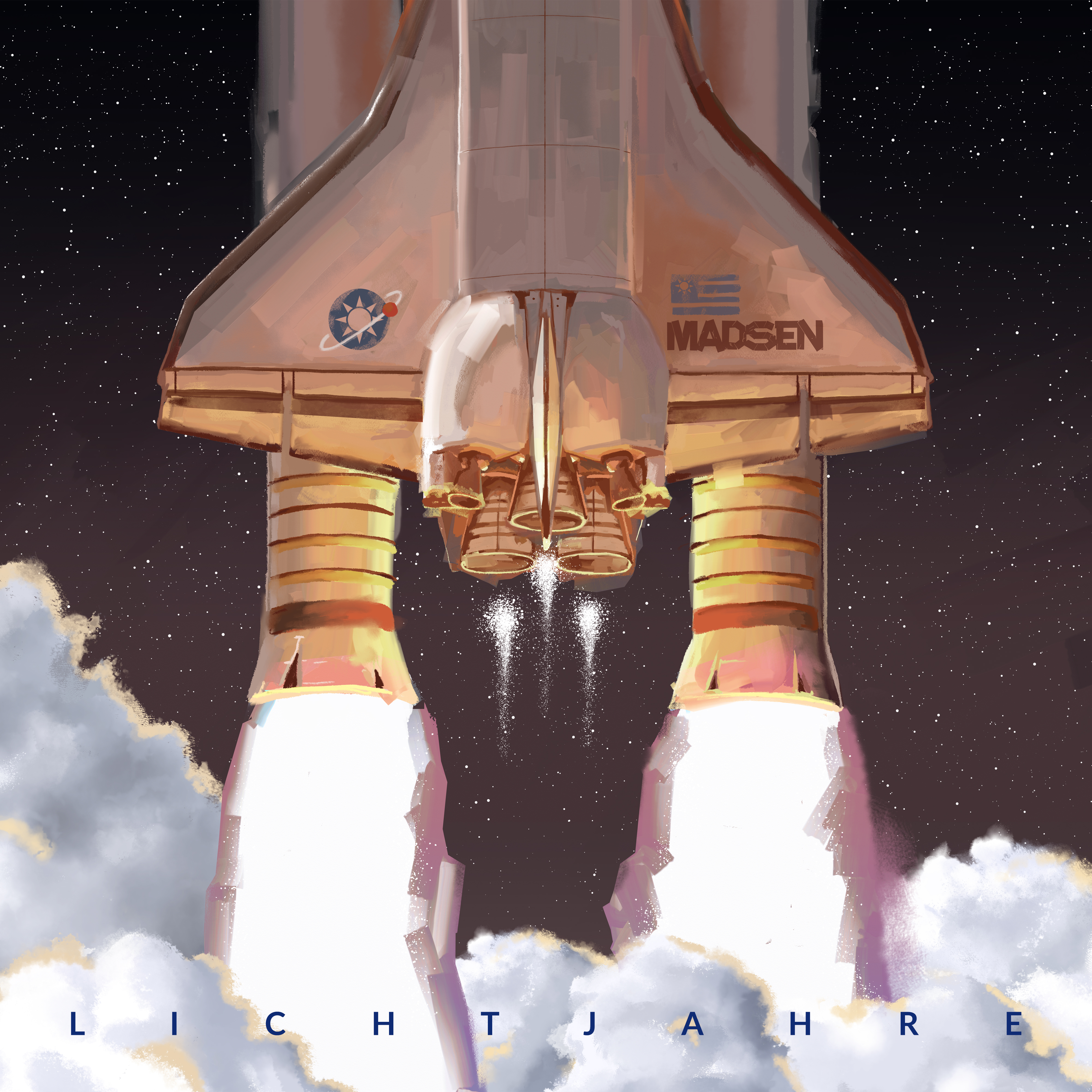 Illustration eines Raumschiffs, das durch Wolken aufsteigt. Flammen von Triebwerken mit Sternenhintergrund.