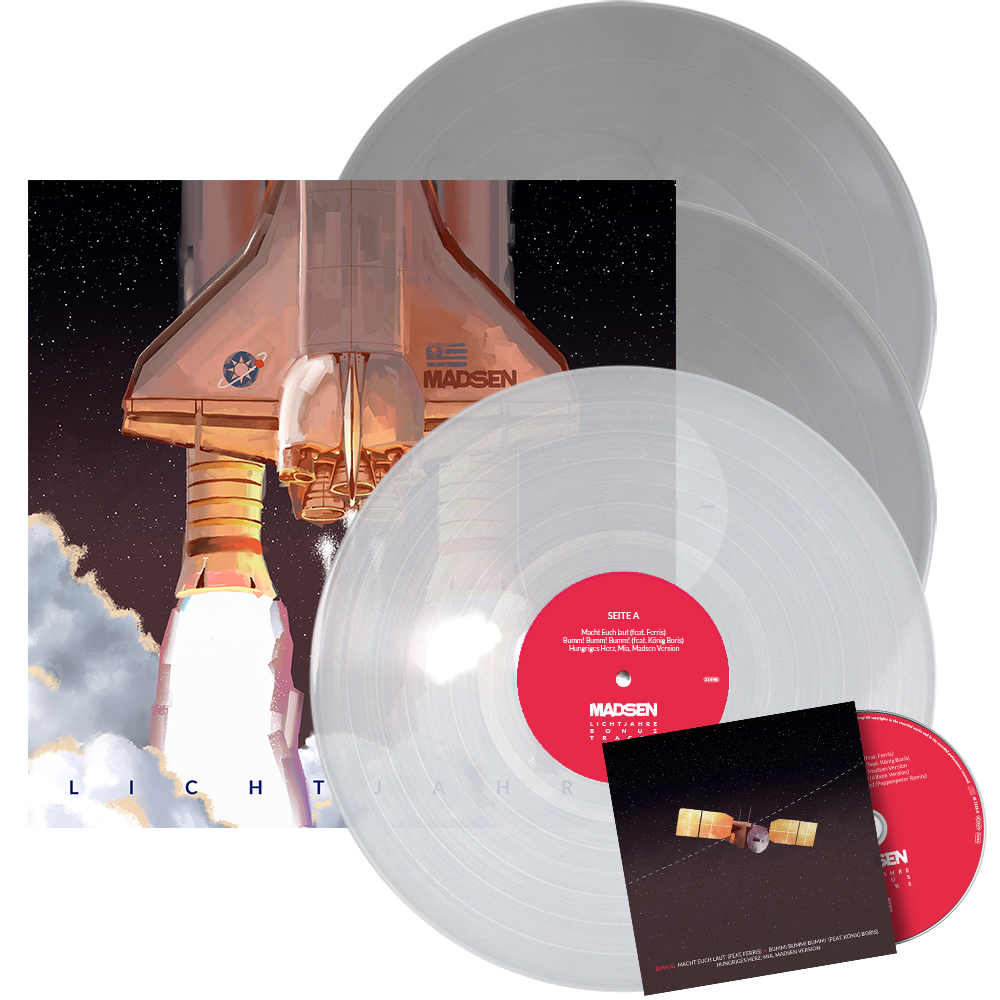 Albumcover mit Raketenstart-Illustration, Schallplatten und CD. Das Album ist von Madsen.