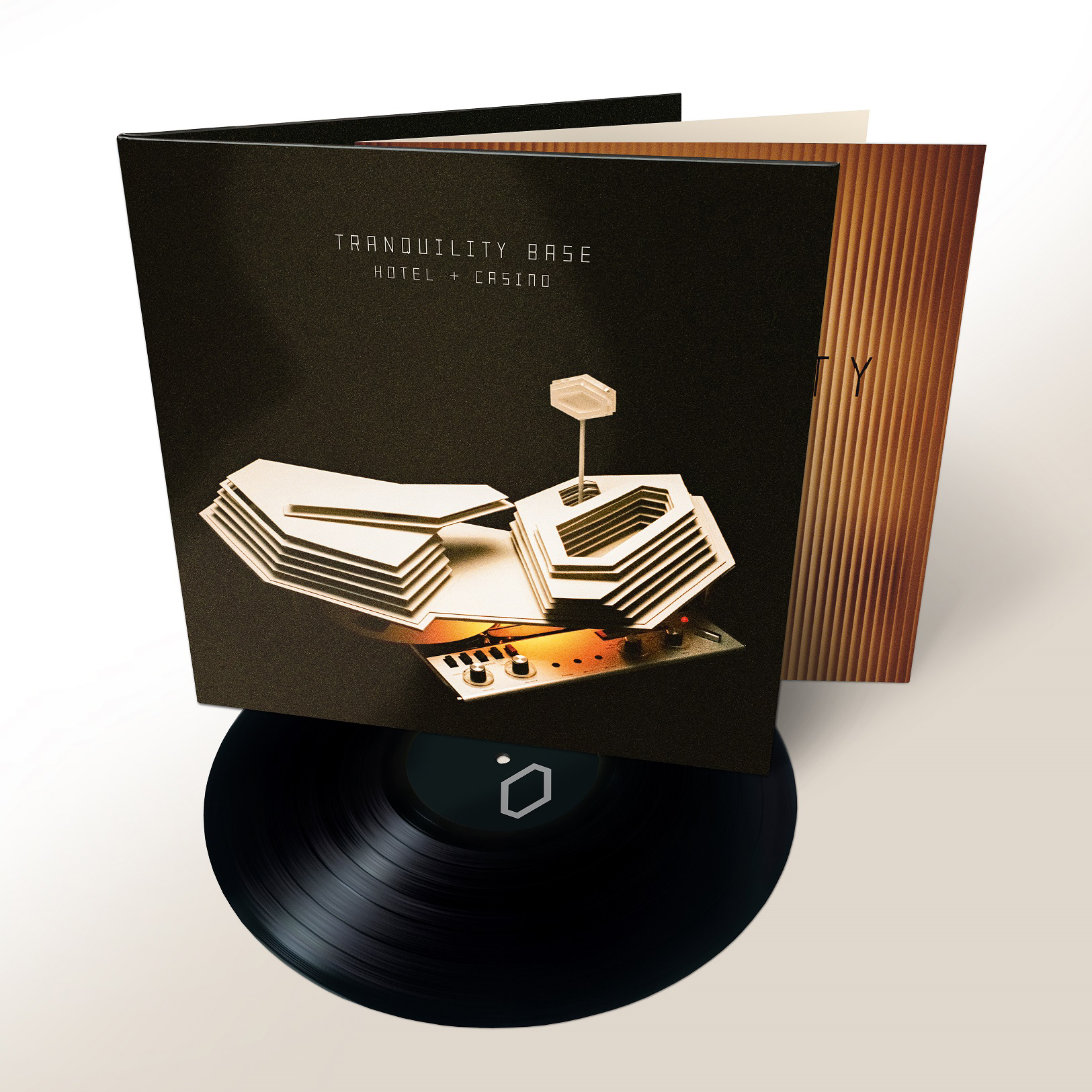 Geöffnete Vinyl-Schallplattenhülle mit geometrischem Design.