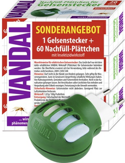 Ein grünes Insektenschutzmittel zum Einstecken mit Text auf weißem Hintergrund. Es gibt 2 Boxen.