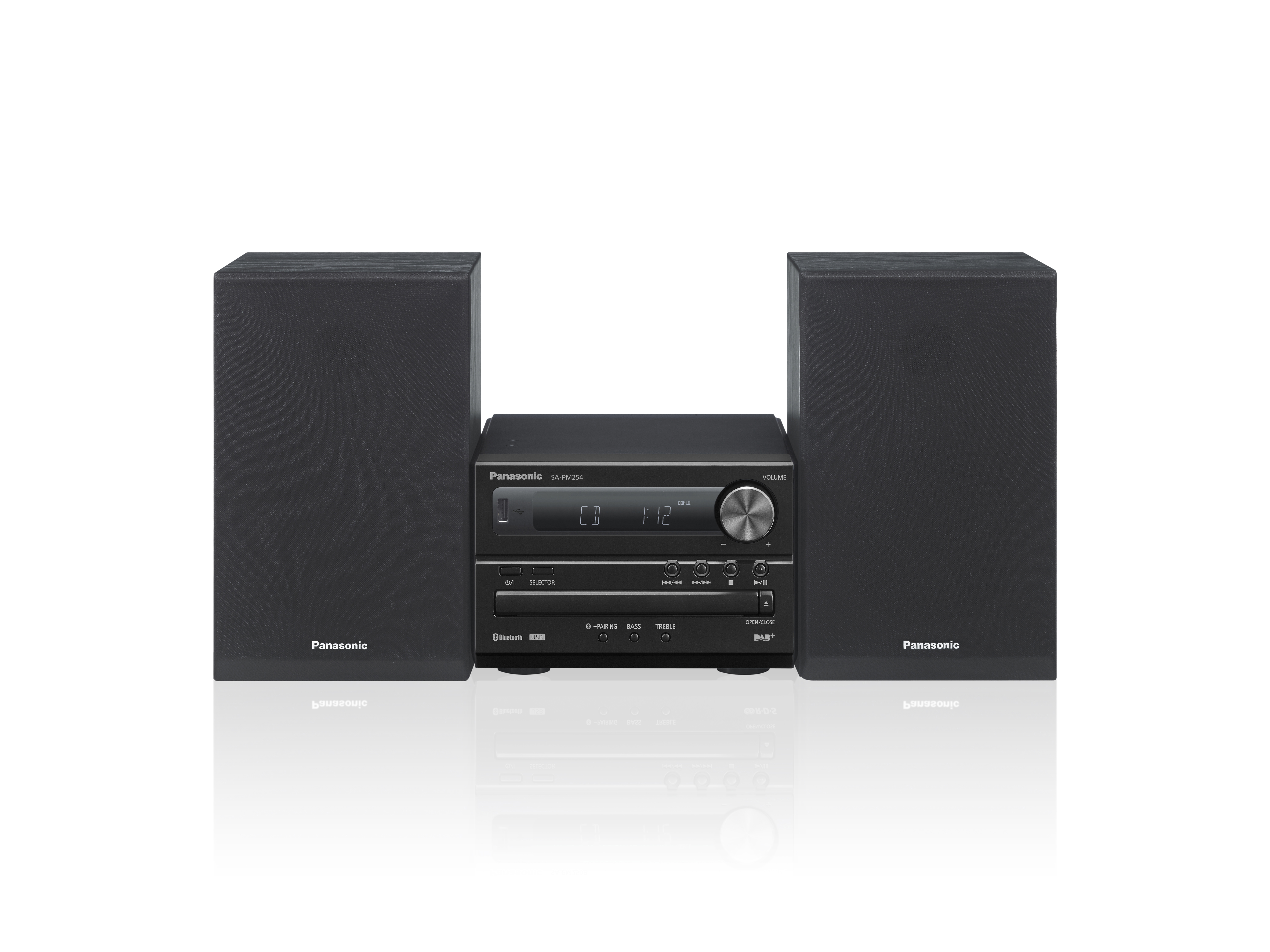 Un impianto stereo con due altoparlanti e un'unità centrale, tutto nero, su sfondo bianco.