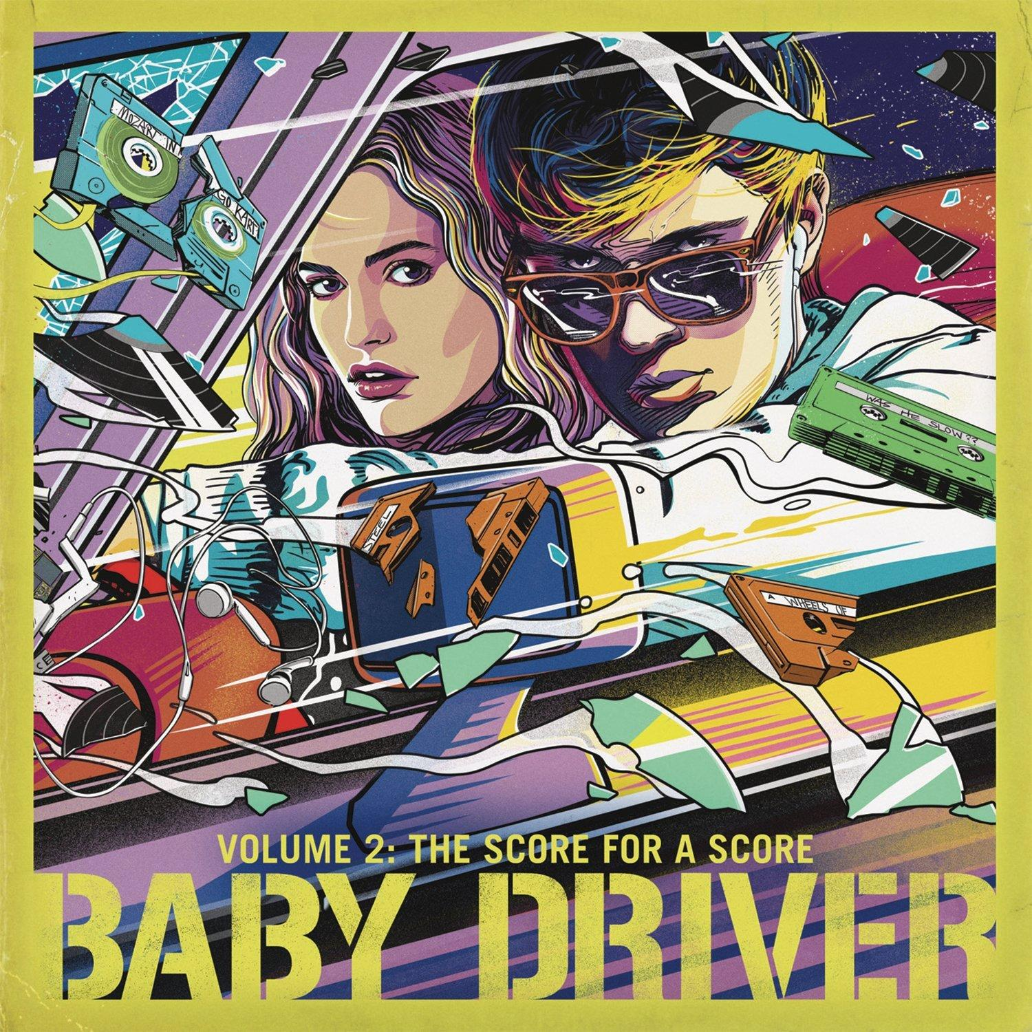 Filmposter voor Baby Driver, met twee mensen in een auto met cassettes.