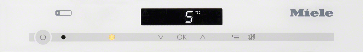 Nahaufnahme eines weißen Gerätebedienfelds mit digitaler Anzeige, die '5' in Celsius zeigt.