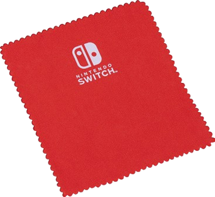 Rotes Nintendo Switch Reinigungstuch, mit dem Konsolenlogo. Schräge Ansicht, weißer Hintergrund.