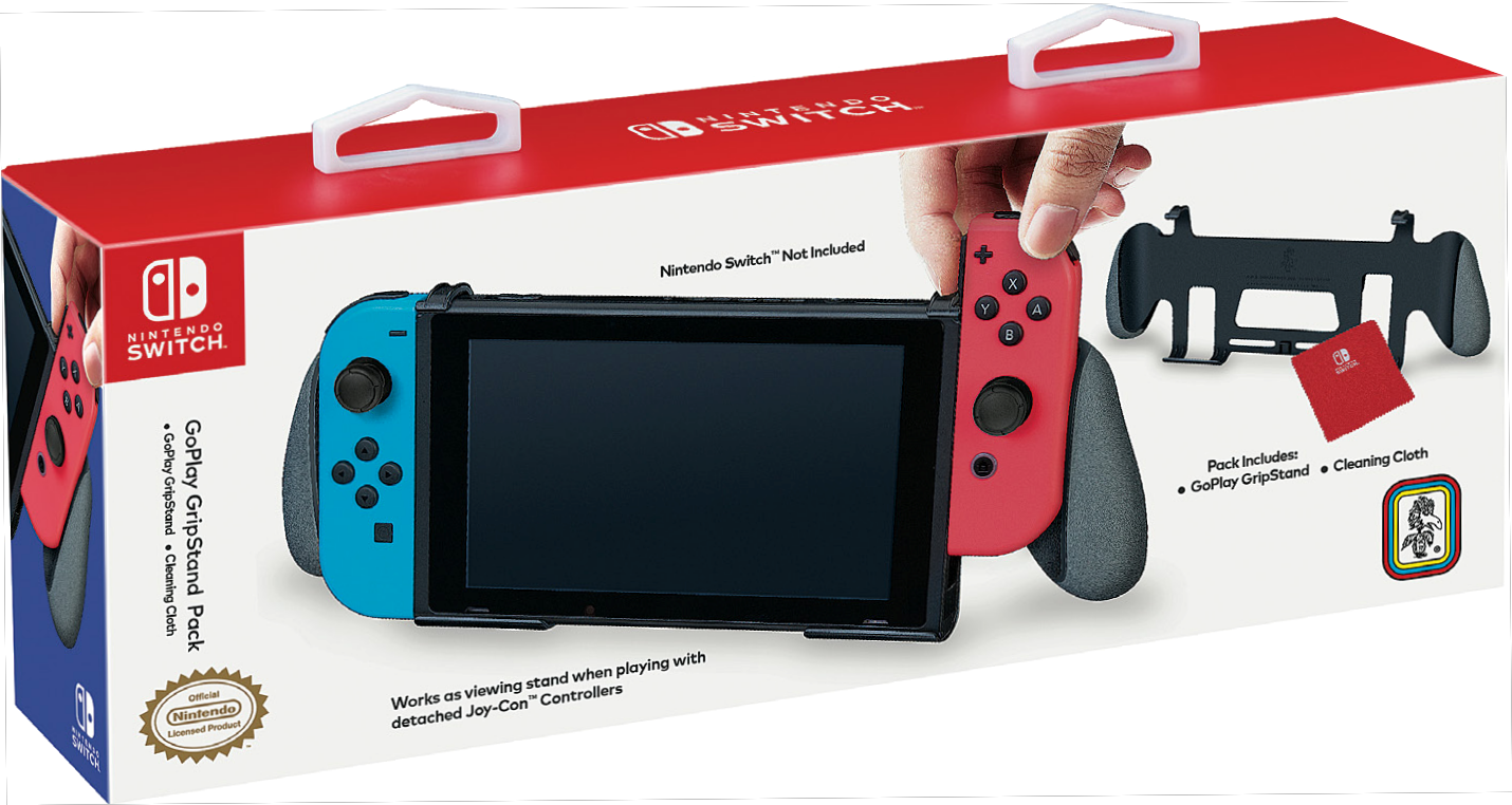 Nintendo Switch-Konsole in der Verpackung mit Joy-Cons, Ständer und Reinigungstuch.