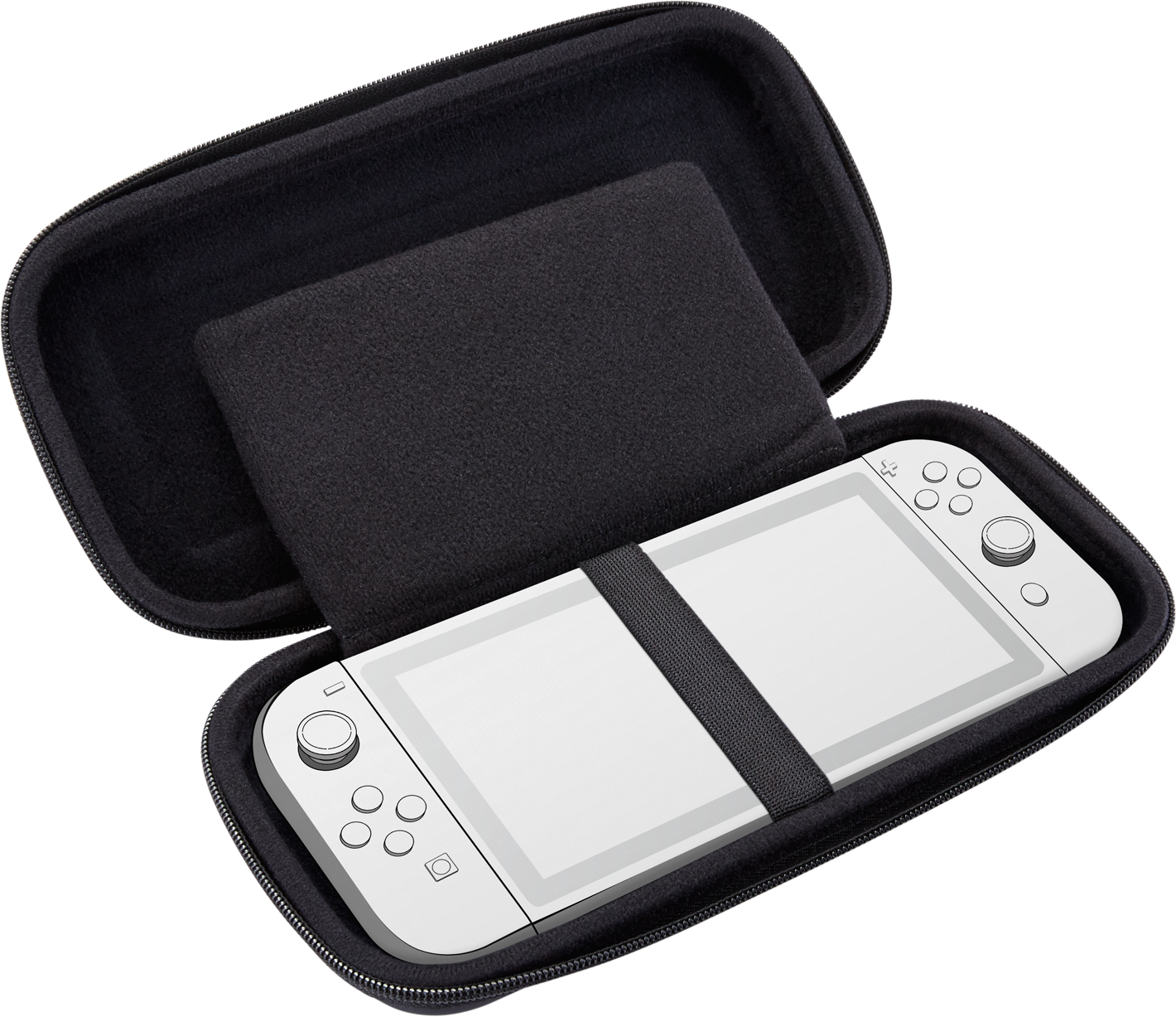 Une console de jeu blanche et grise à l'intérieur d'un étui noir.