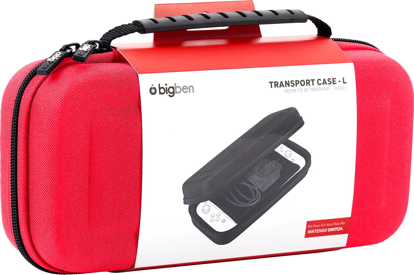 Rote Bigben Transporttasche für eine Nintendo Switch. Die Tasche ist geöffnet und zeigt das Innere.