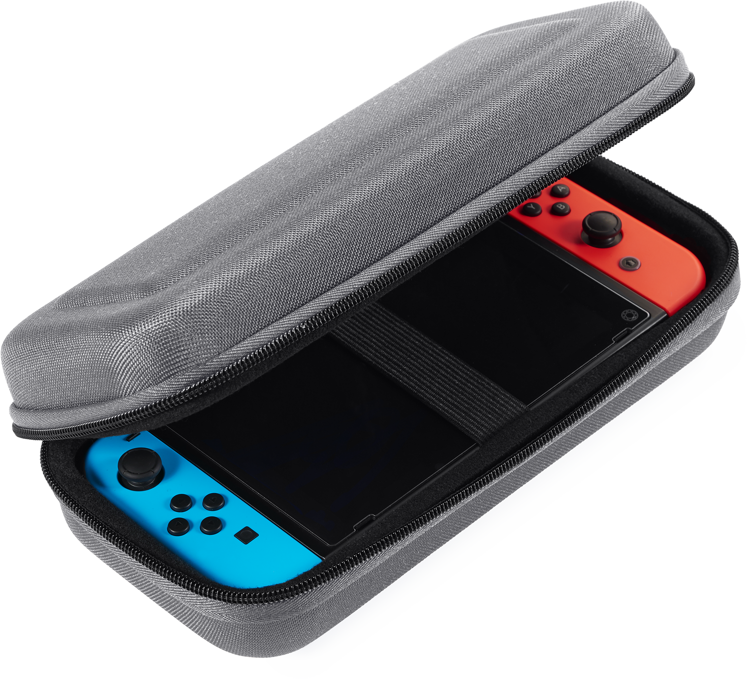 Étui gris ouvert avec une Nintendo Switch et des manettes à l'intérieur.